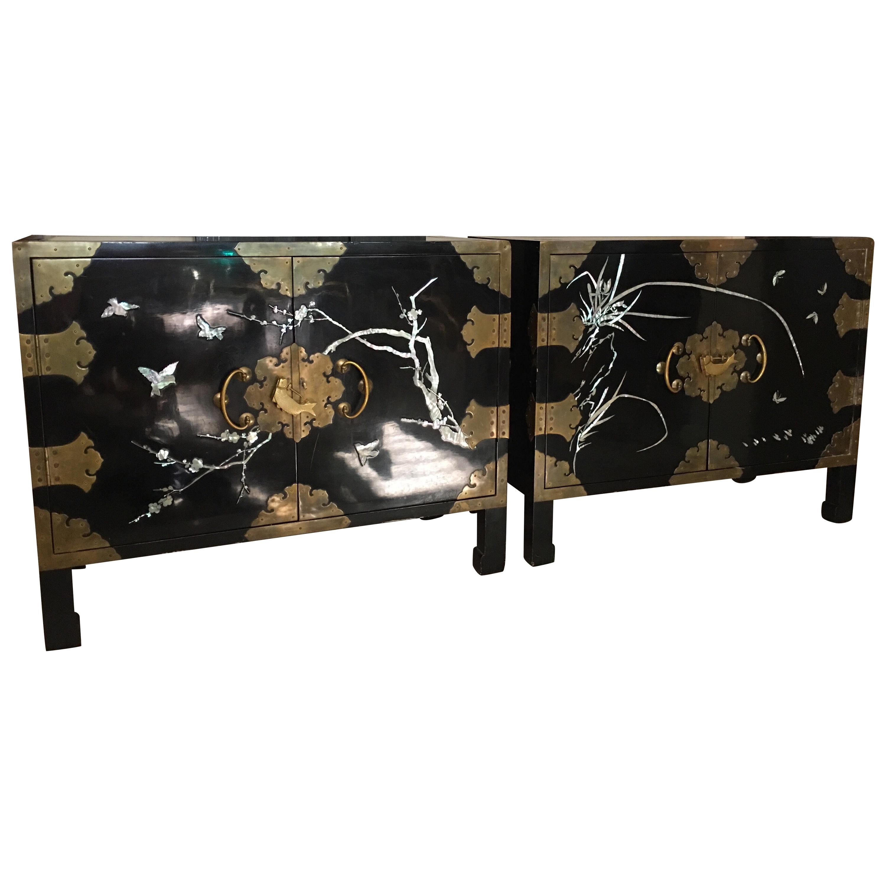 Pair of Chic Vintage Chinoiserie Nightstands with Mother of Pearl and Brass Trim