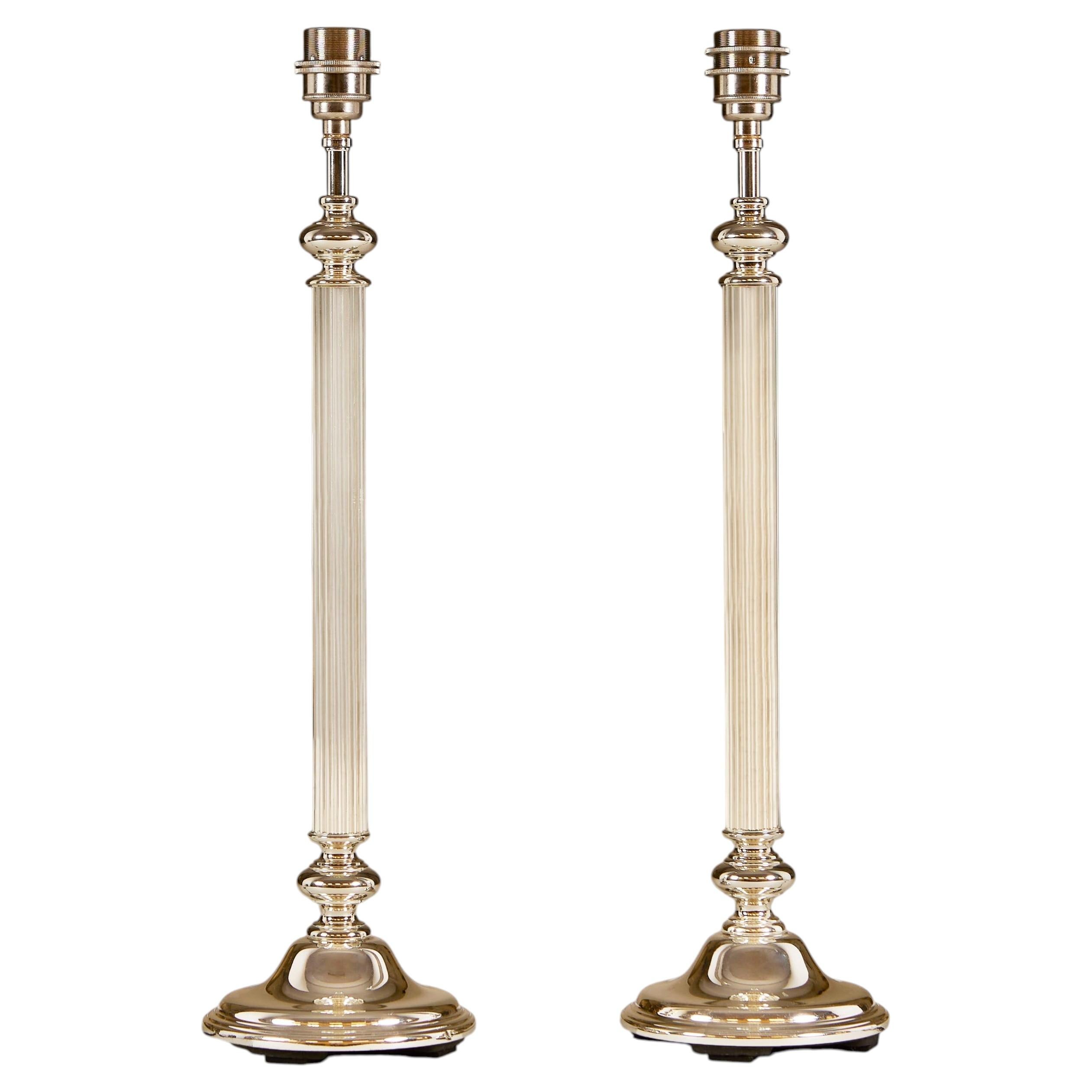 Pair of chic vintage chrome ribbed table lamps with decorative tiered base