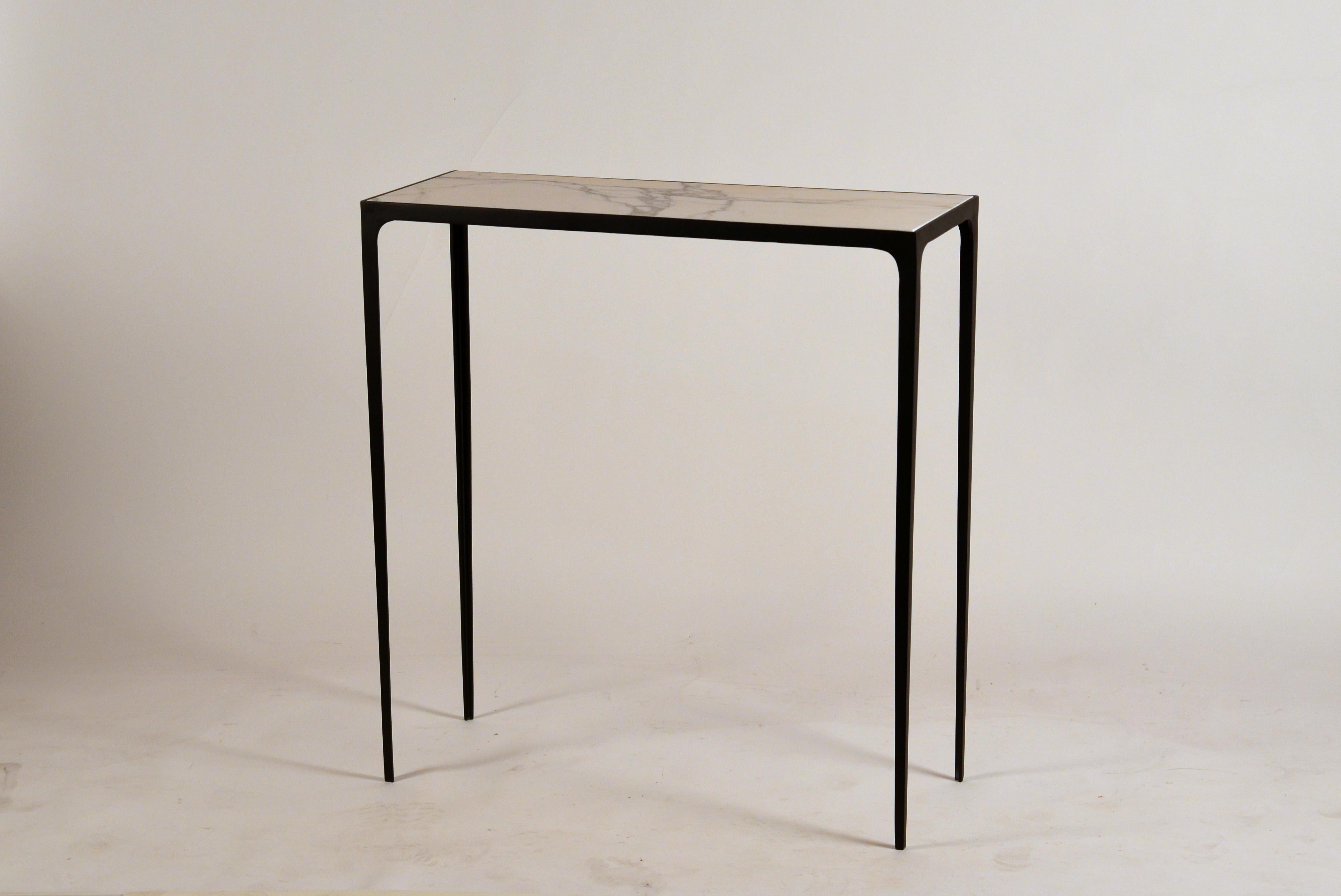 Polished Pair of Chic Wrought Iron and Marble 'Esquisse' Consoles by Design Frères For Sale