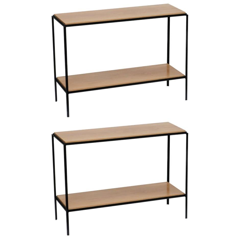 Pair of Chic Wrought Iron and Oak 'Rectiligne' End Tables by Design Frères For Sale