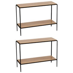 Pair of Chic Wrought Iron and Oak 'Rectiligne' End Tables by Design Frères