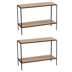 Pair of Chic Wrought Iron and Oak 'Rectiligne' End Tables by Design Frères