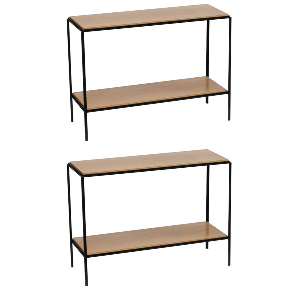 Pair of Chic Wrought Iron and Oak 'Rectiligne' End Tables by Design Frères