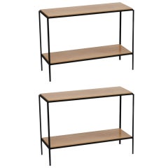 Pair of Chic Wrought Iron and Oak 'Rectiligne' End Tables by Design Frères