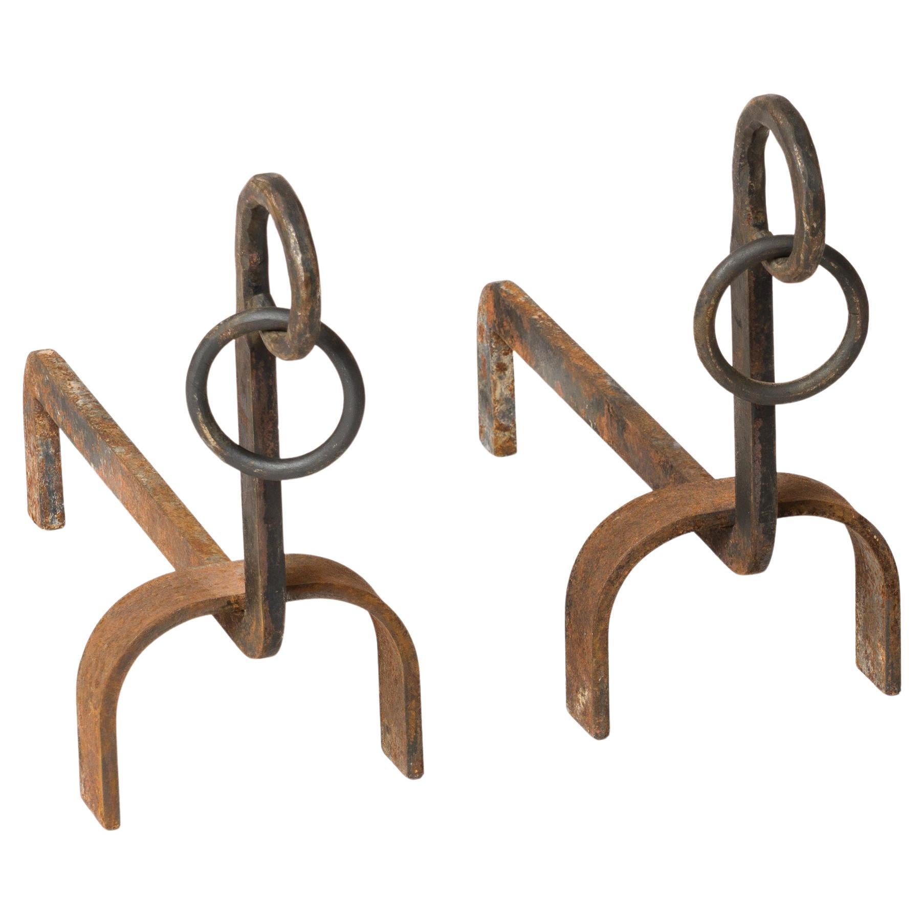 Pair of Chic Wrought Iron Andirons with Rings - France 1970s