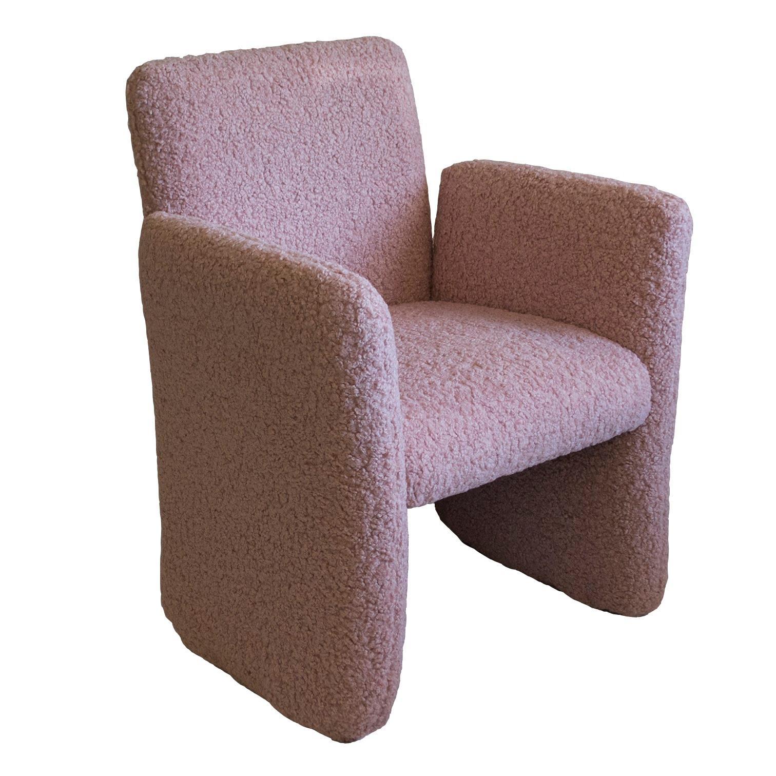 Woodwork Pair of Chiclet Chairs in Blush Pink Faux Shearling/ Boucle, a pair