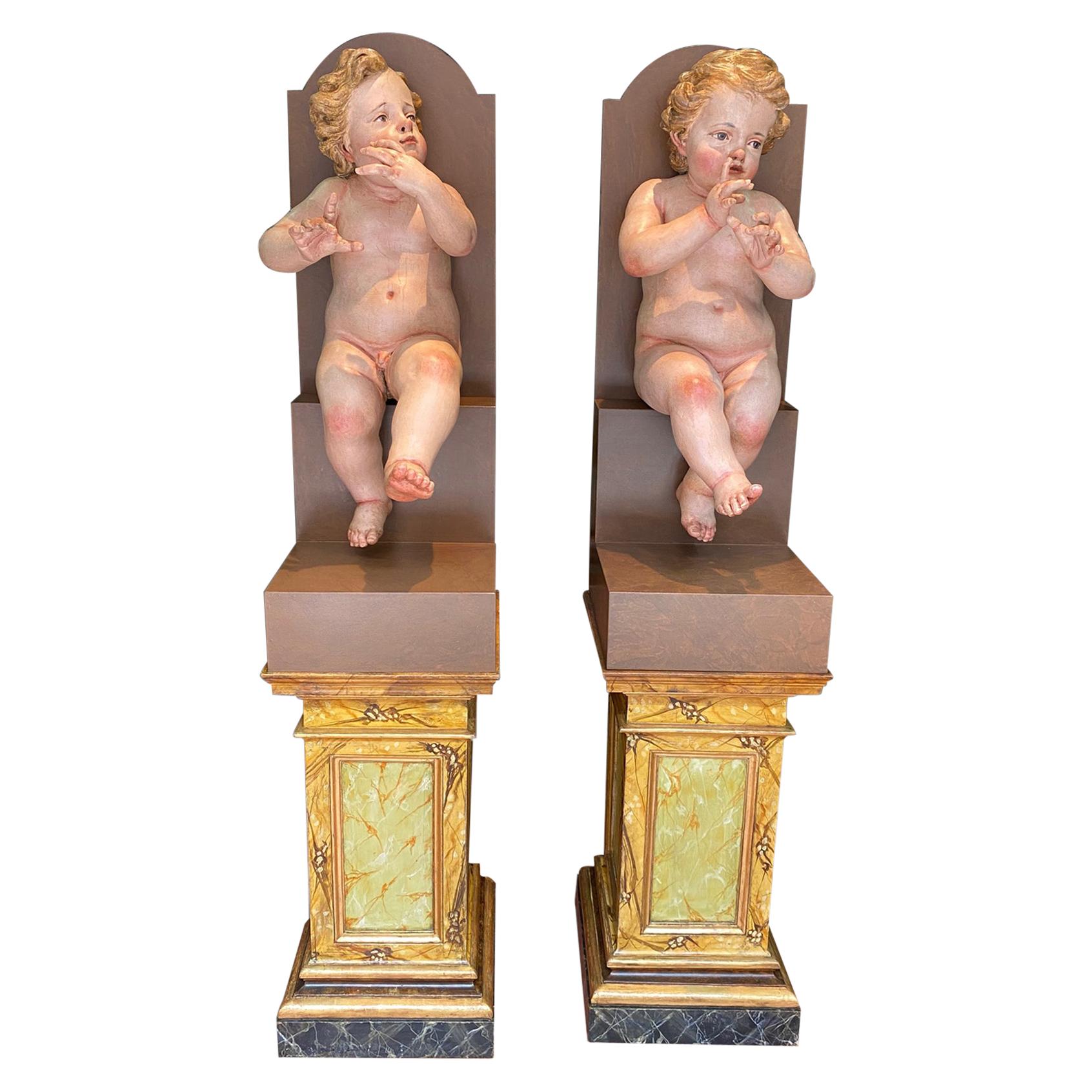 Pair of Children, Polychromed Pine Wood, Spain, 18th Century and Later
