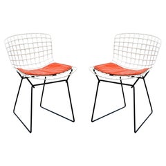 Pair of Childrens Black and White Knoll Bertoia Wire Chairs with Red Cushions