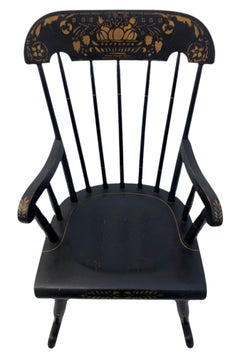 Children's Hitchcock Style Rocking Chair Black & Gilt Hand Painted Stencil, Pair