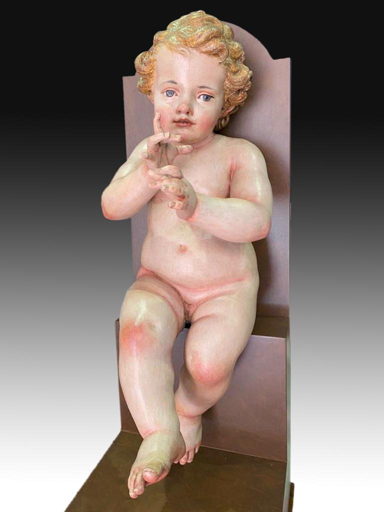 Neoclassical Pair of Children, Polychromed Pine Wood, Spain, 18th Century and Later For Sale