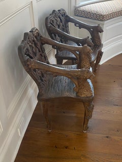 Pair of Child's Size Black Forest German Carved Wood Chairs, 20th Century