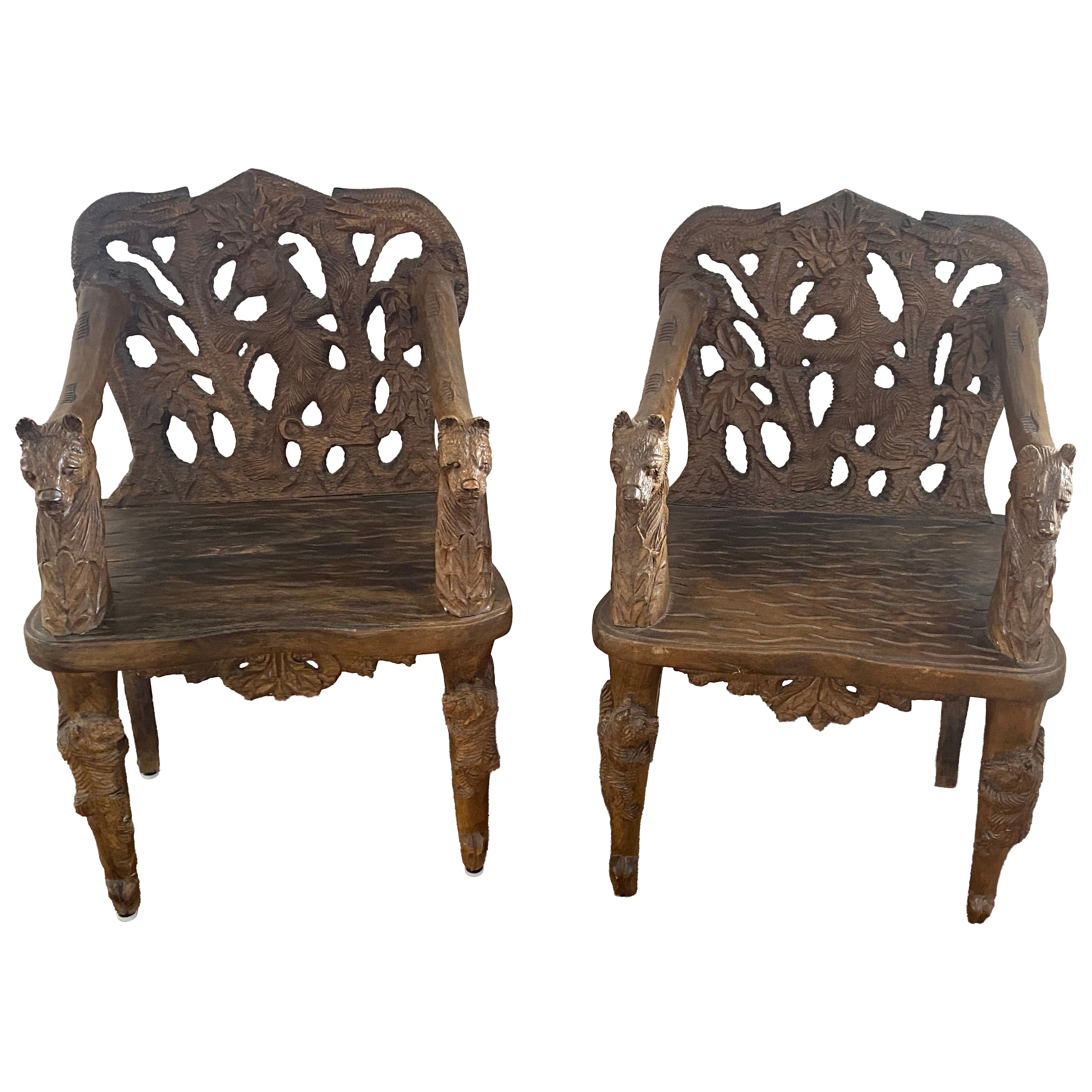 Pair of Child's Size Black Forest German Carved Wood Chairs, 20th Century