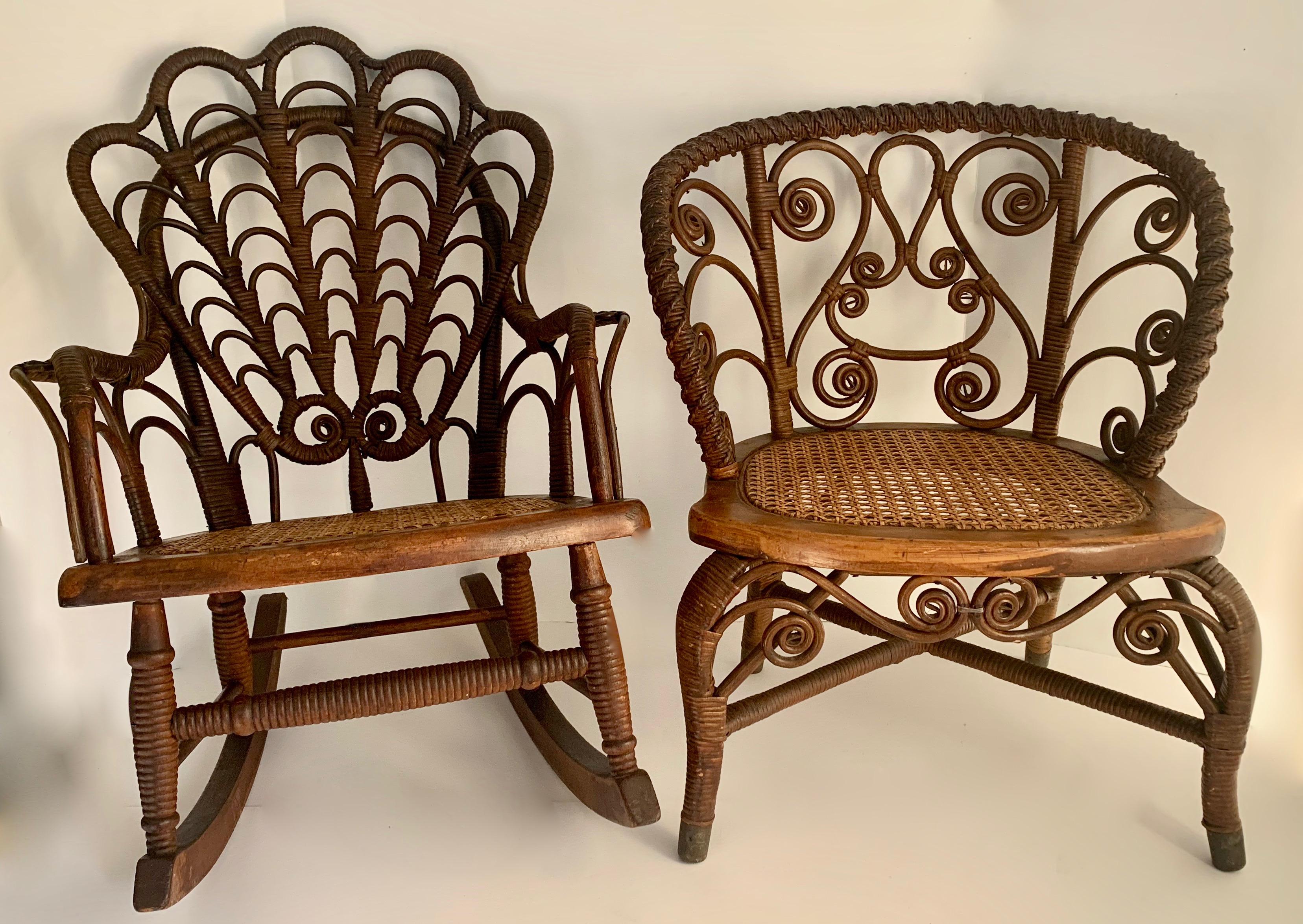 An exceptional pair of Wicker for a Childs room or patio. The pair make the best companion to the childrens room, male or female. Have a tea party or eat at the kids table in style. Children gifts, Holiday, kids furniture 

One a stationary chair,
