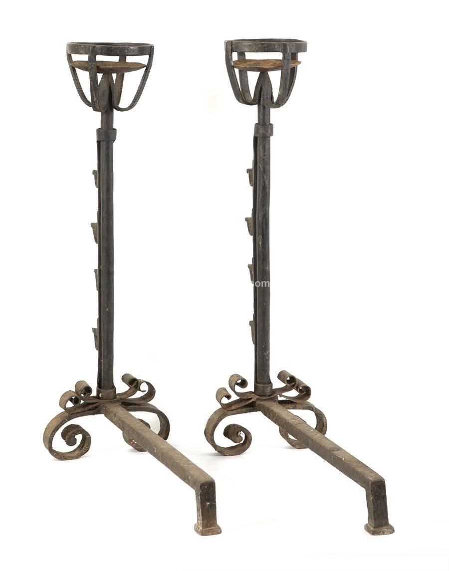 Renaissance Pair of Chimney Firedogs, Wrought Iron, 16th-17th Century