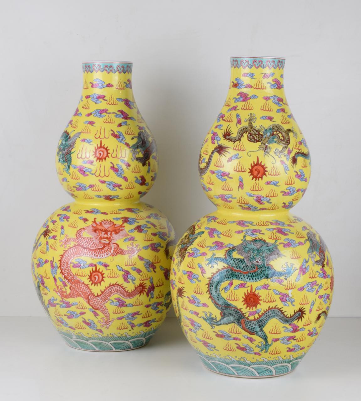 Chinese Pair of China Yellow Background Vases with Dragons For Sale