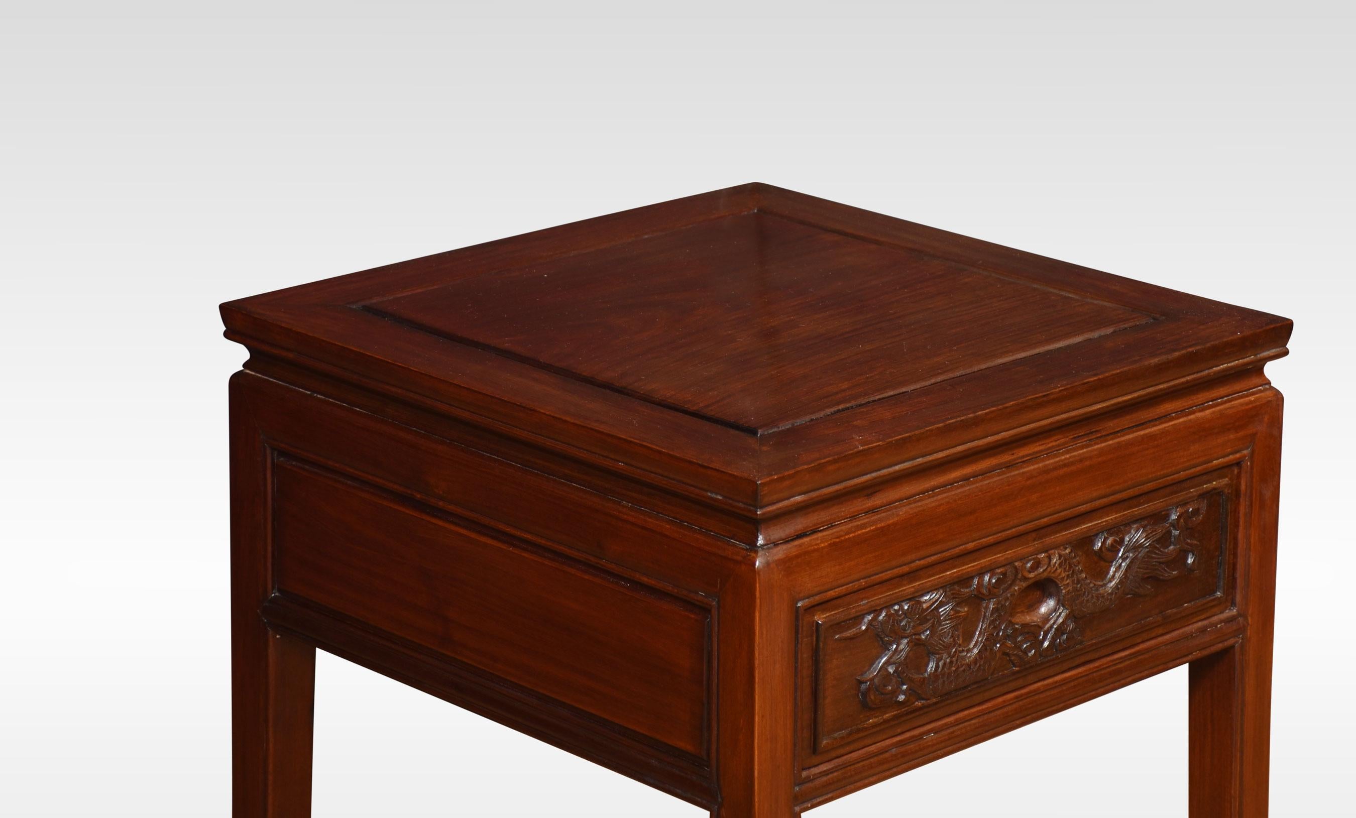 Pair of Chinese bedside tables having square molded tops above carved freeze drawer all raised up on four stylized legs.
Dimensions
Height 22.5 Inches
Width 20 Inches
Depth 20 Inches.