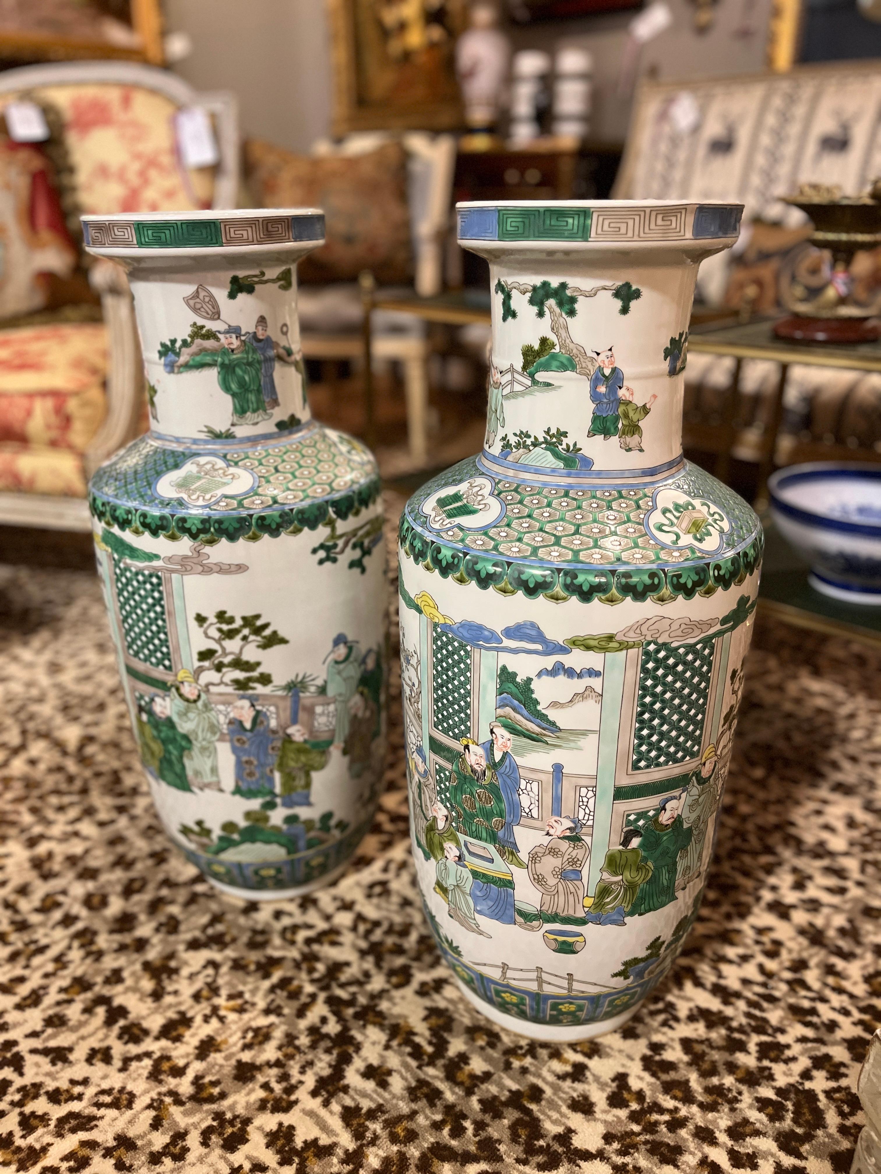 Pair of Chines Famille Verte Figural Vases with Kangxi Style Mark For Sale 2