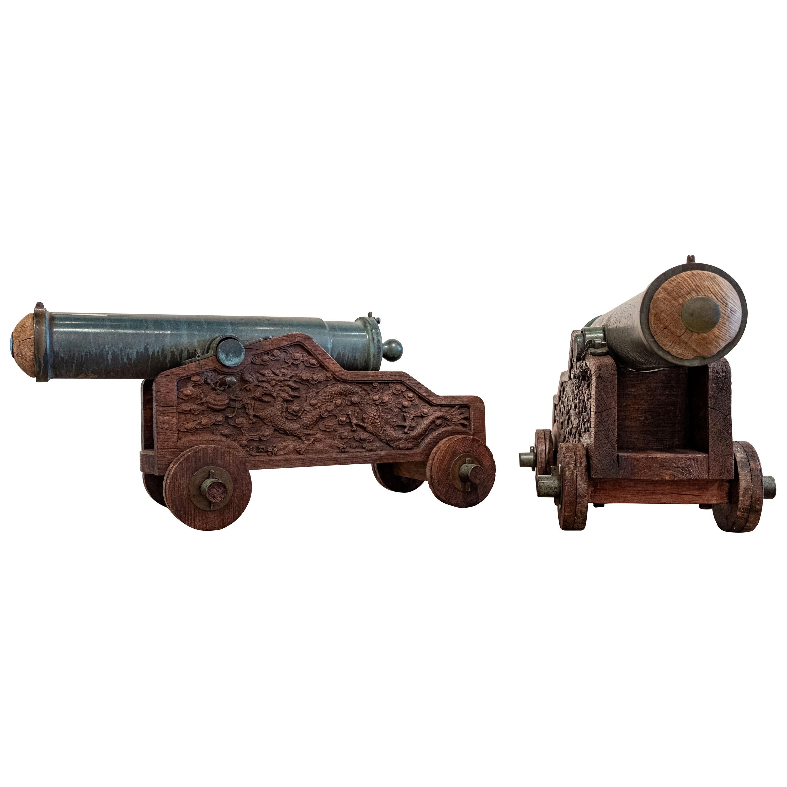 Pair of Chinese 12-Pounder Wood and Bronze Cannons For Sale