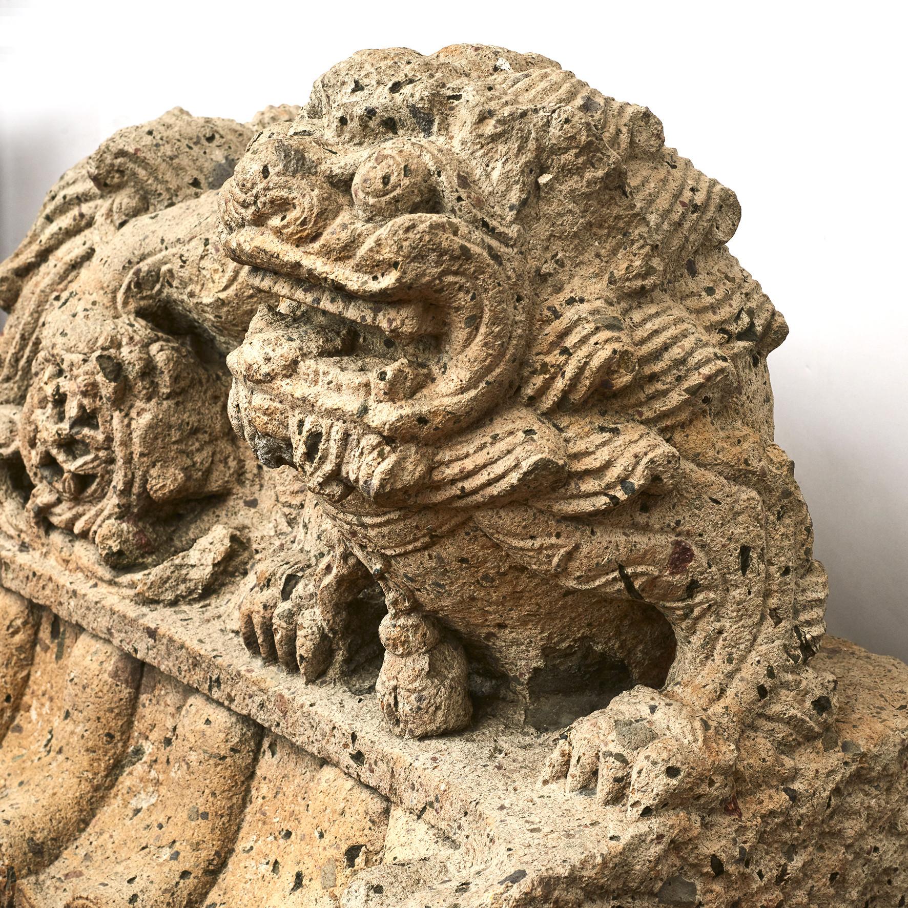 Pair of Chinese 16th-17th Century Carved Stone Guardian Lion Sculptures 9