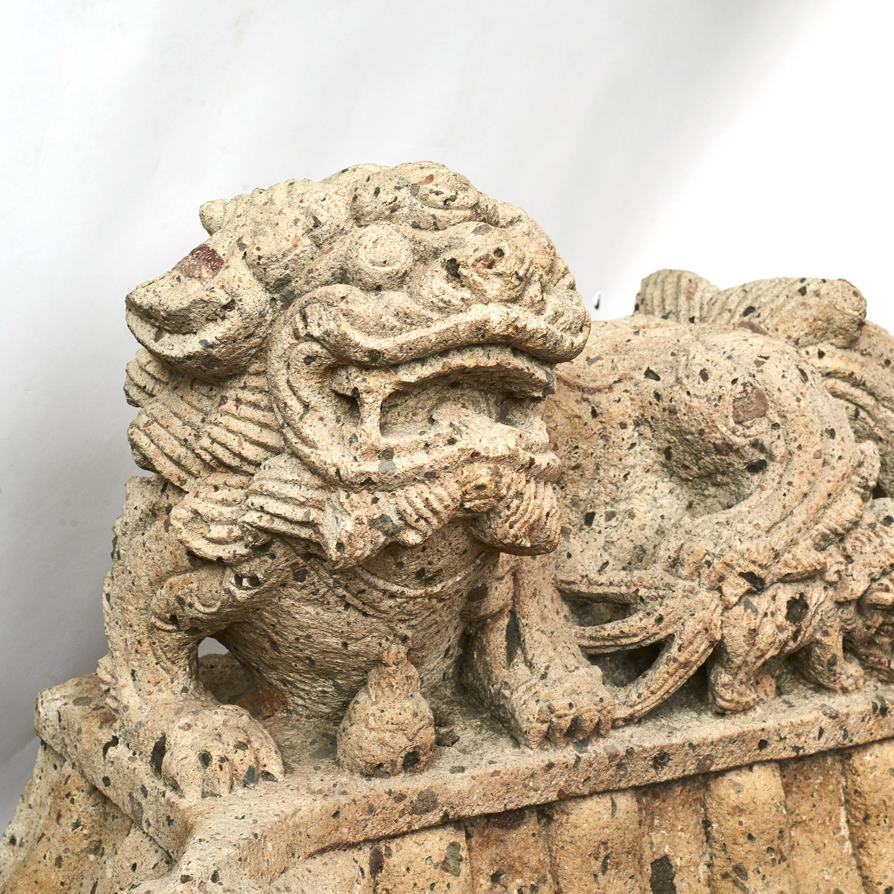Pair of Chinese 16th-17th Century Carved Stone Guardian Lion Sculptures 2