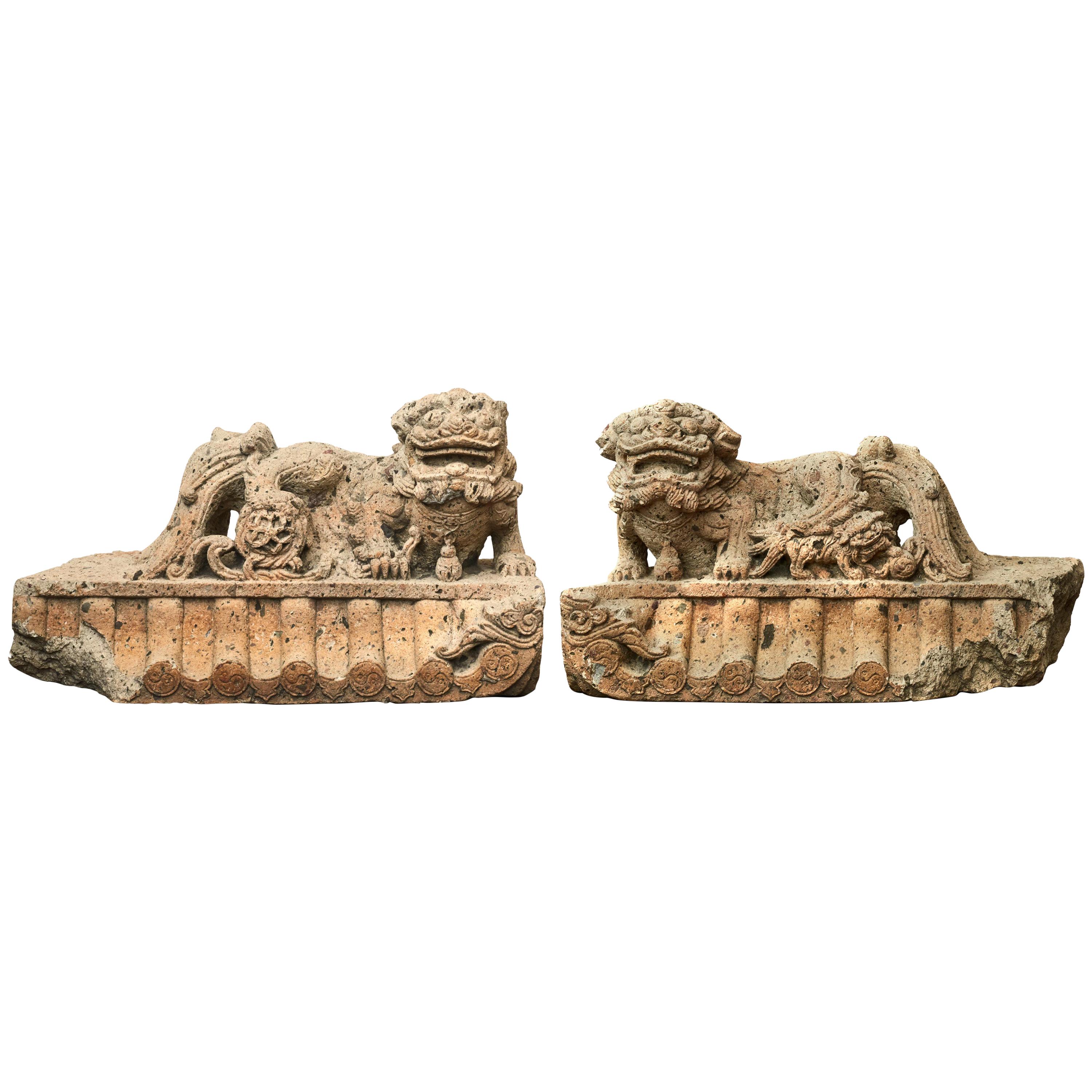 Pair of Chinese 16th-17th Century Carved Stone Guardian Lion Sculptures