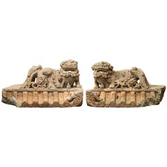 Antique Pair of Chinese 16th-17th Century Carved Stone Guardian Lion Sculptures