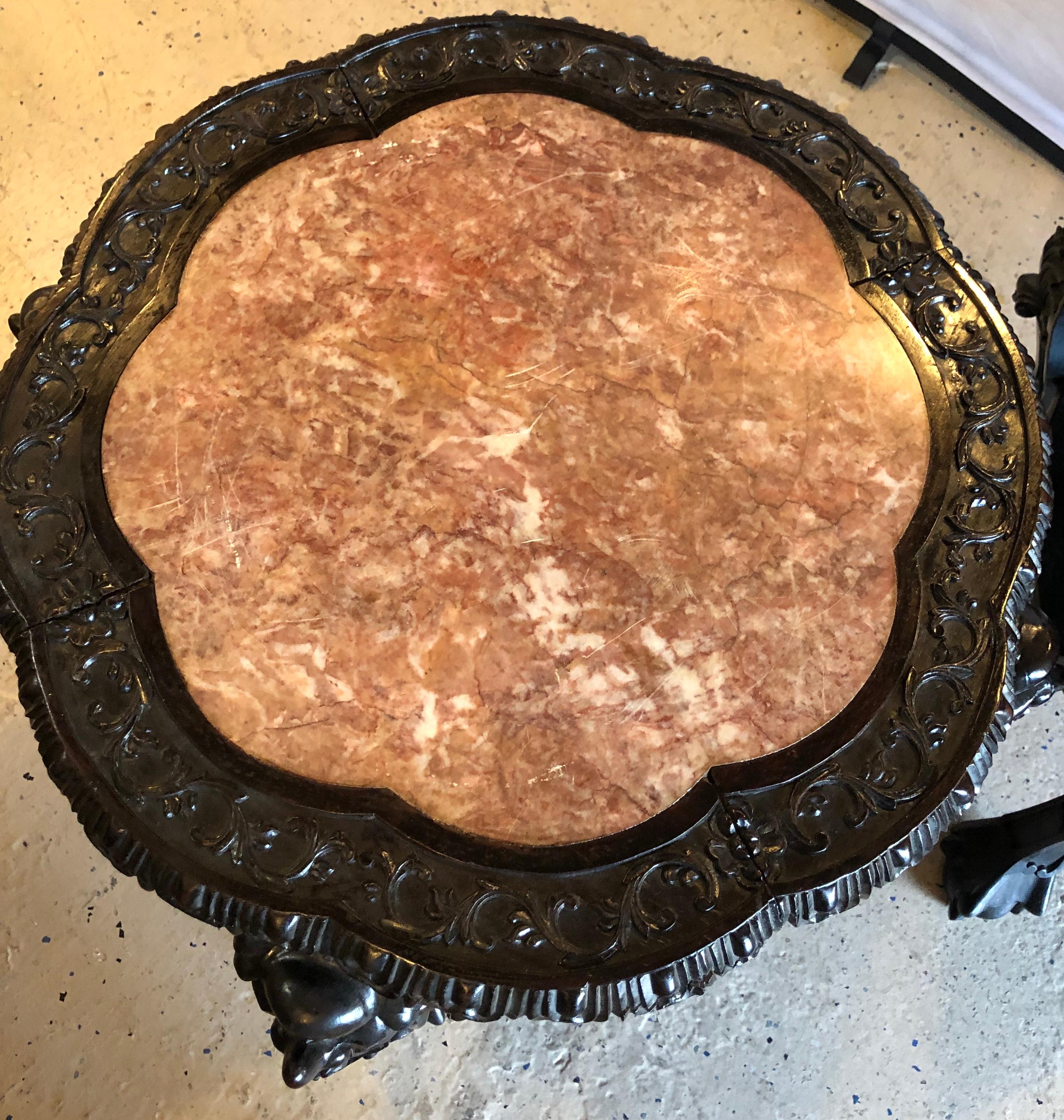 Chinese Chippendale Pair of Chinese 19 Century Teak-Wood Marble Top Stands or End Tables