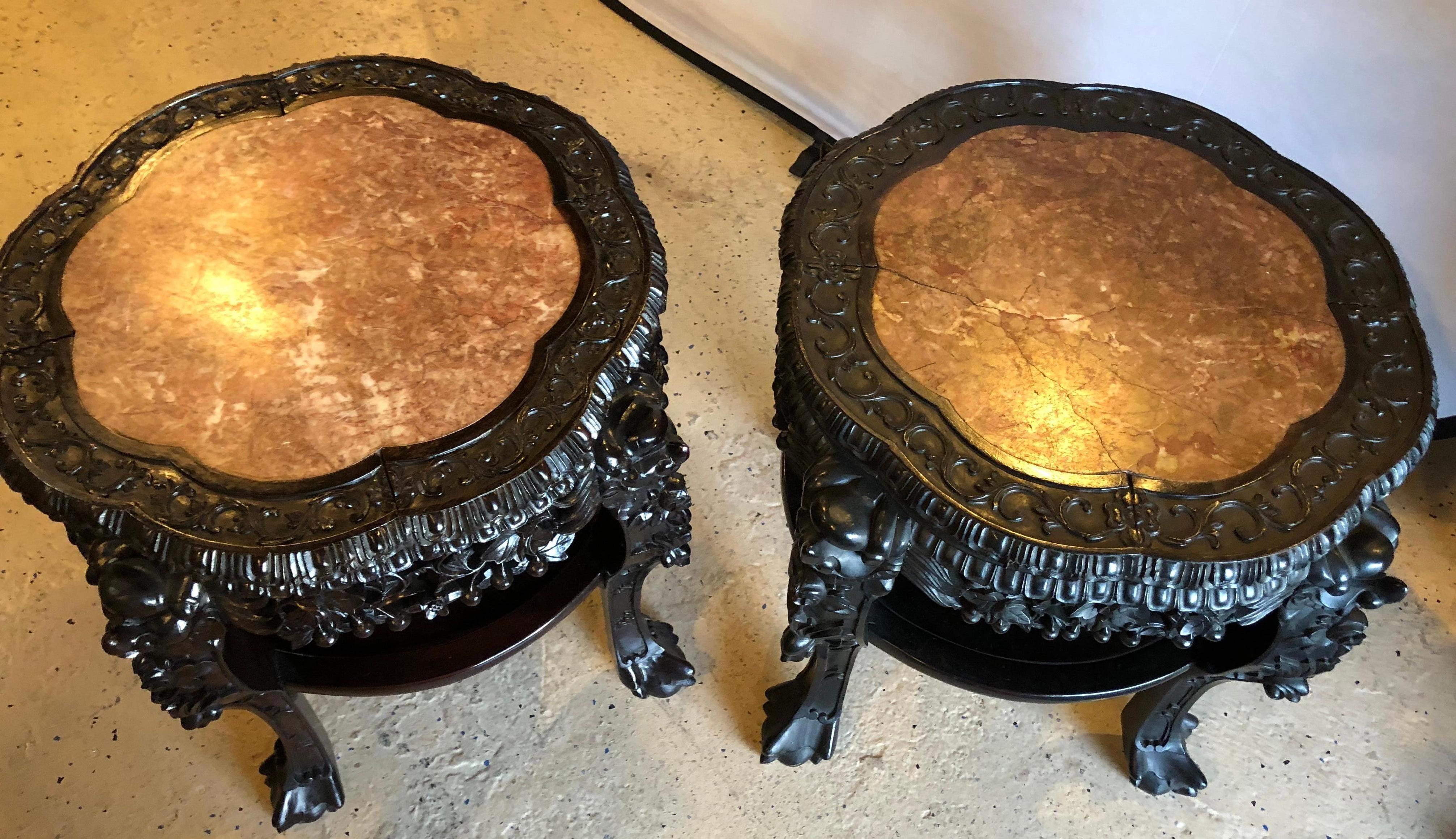 Pair of Chinese 19 Century Teak-Wood Marble Top Stands or End Tables In Good Condition In Stamford, CT
