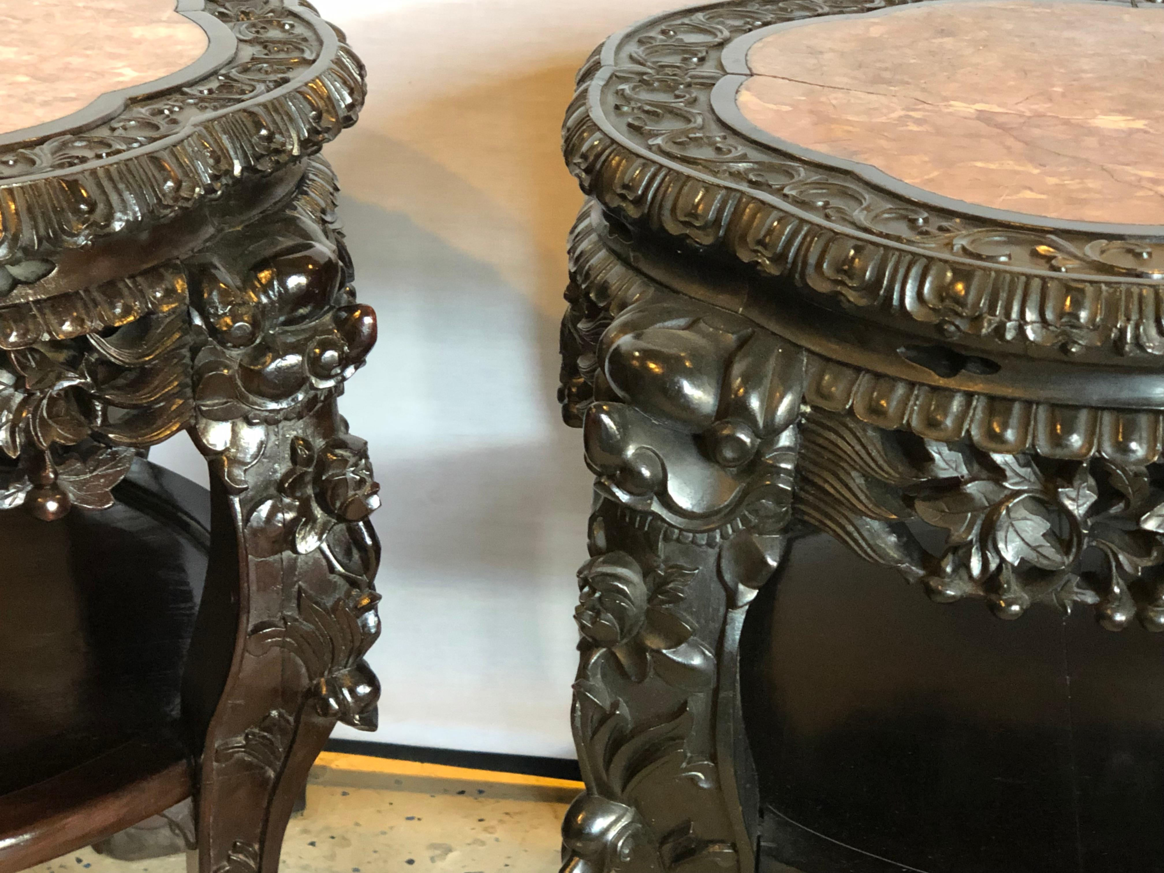 20th Century Pair of Chinese 19 Century Teak-Wood Marble Top Stands or End Tables
