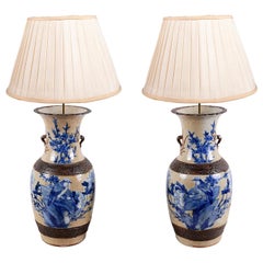 Pair of Chinese 19th Century Blue and White Crackleware Vases / Lamps