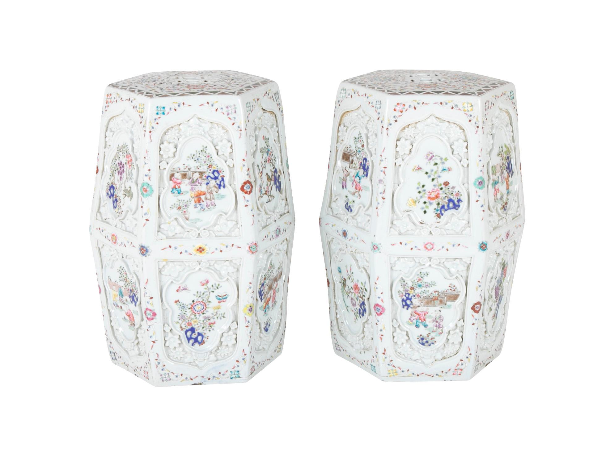 A pair of Chinese 19th century Famille Rose on White hexagonal garden seats.
