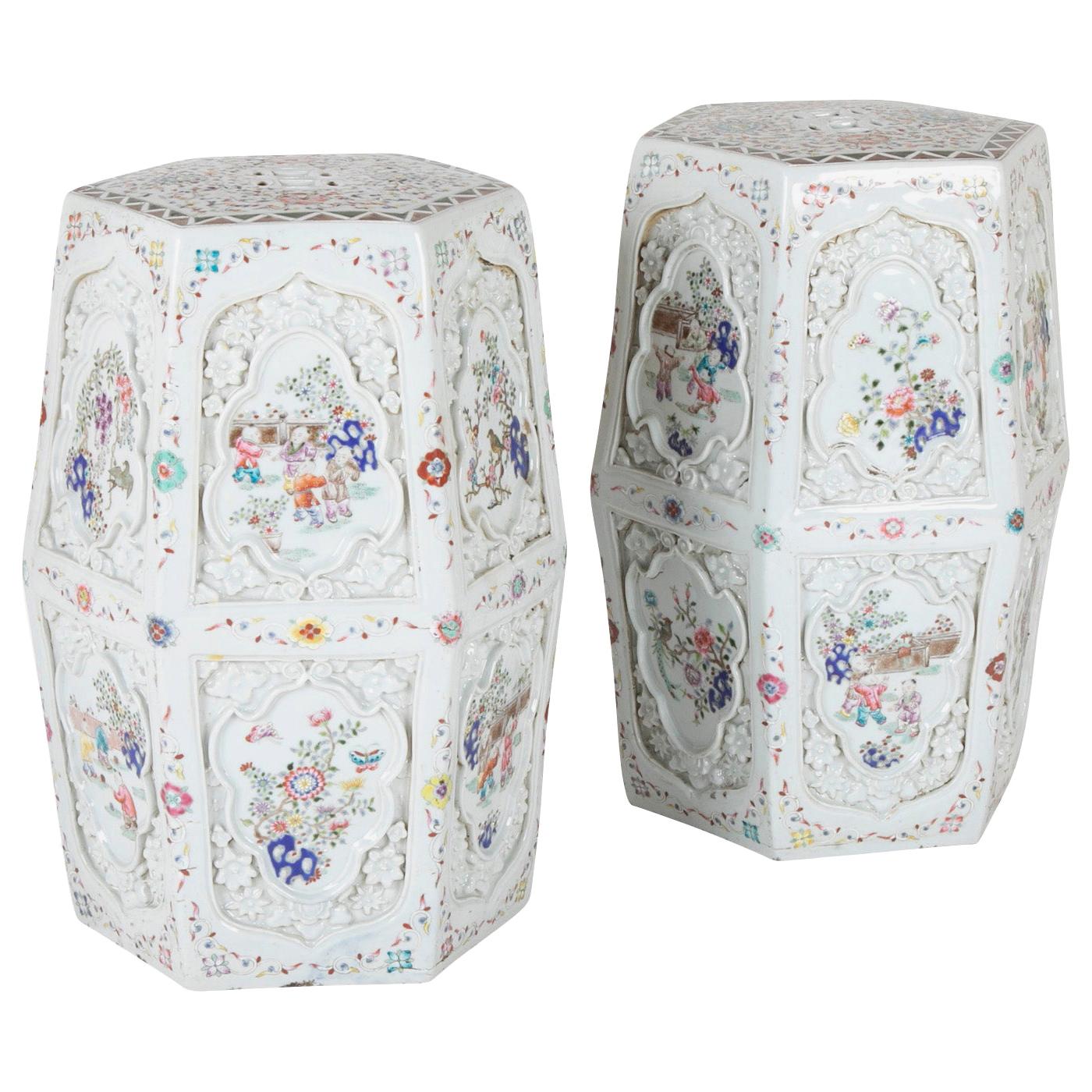Pair of Chinese 19th Century Famille Rose on White Garden Seats