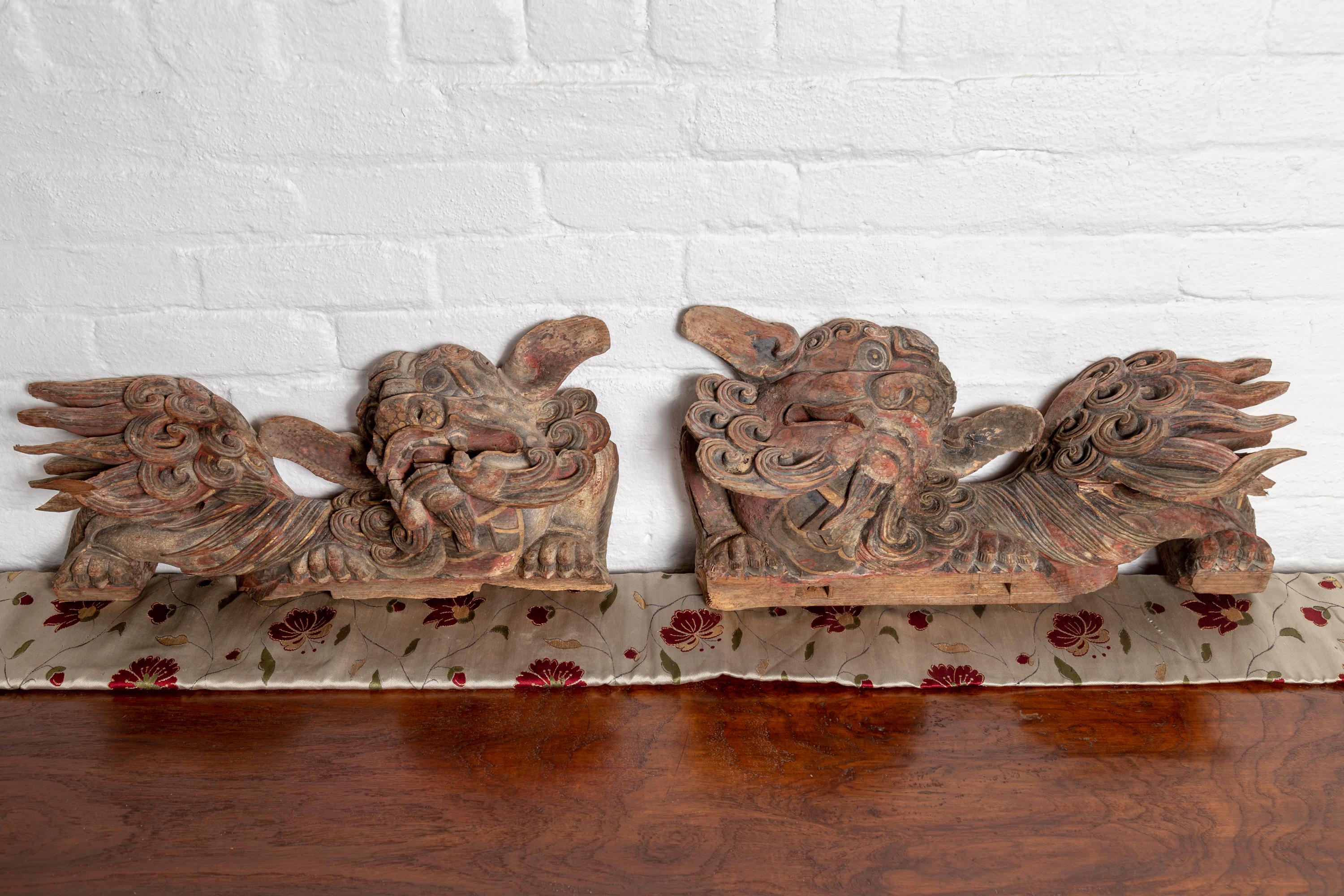 Pair of Chinese 19th Century Hand Carved and Painted Temple Guardian Lions For Sale 5