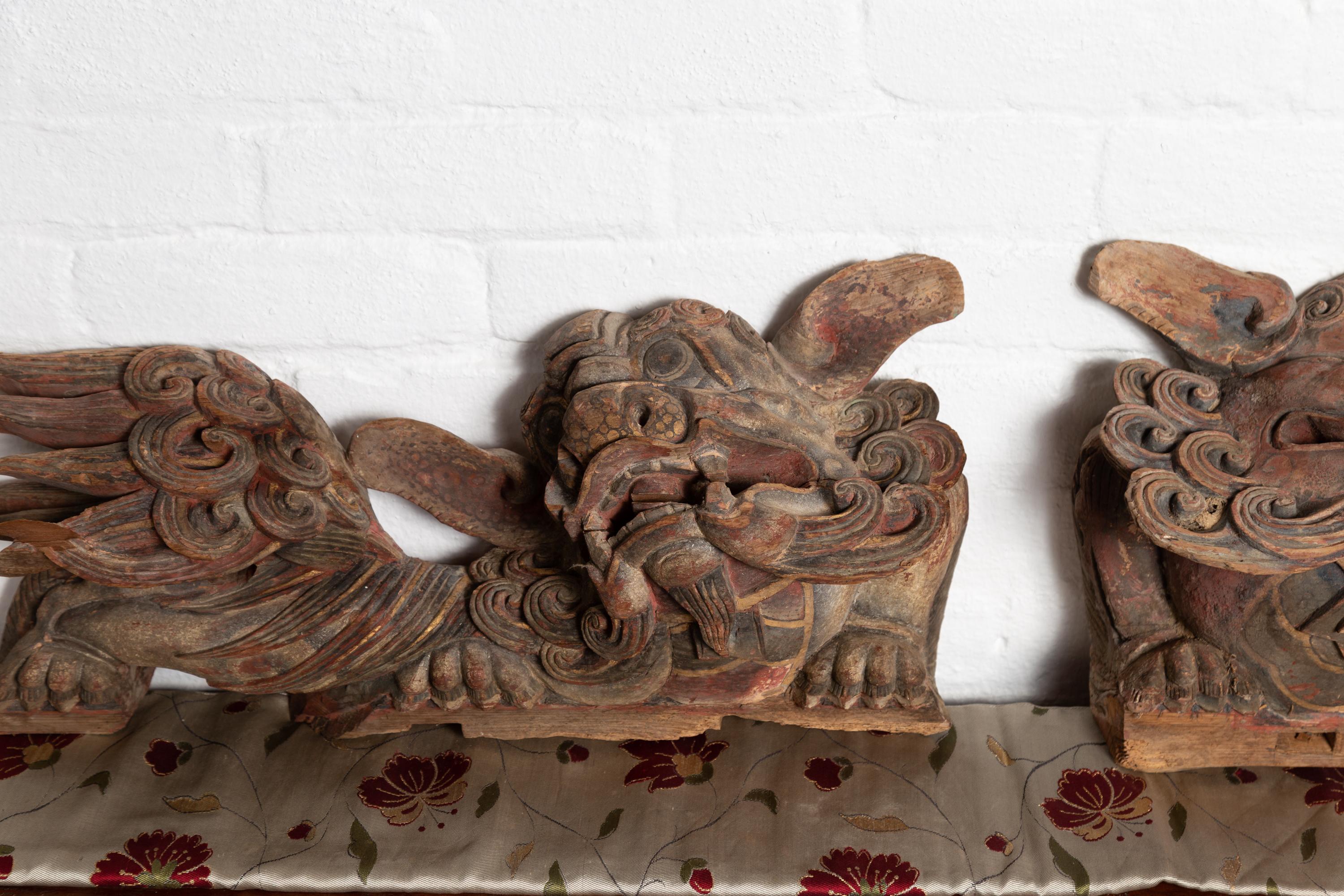 Pair of Chinese 19th Century Hand Carved and Painted Temple Guardian Lions For Sale 6