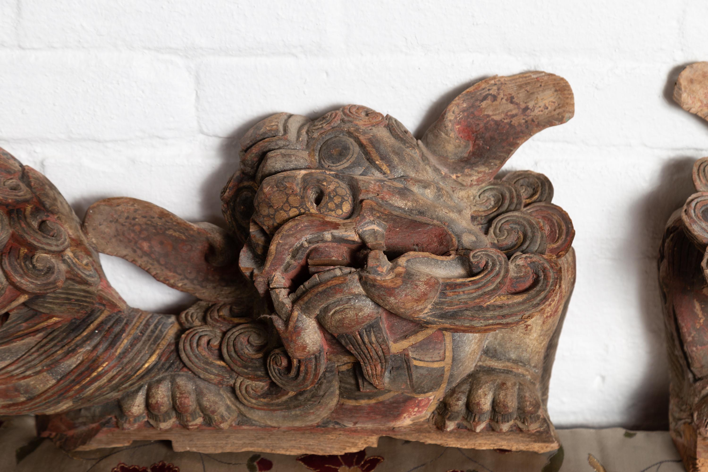 Pair of Chinese 19th Century Hand Carved and Painted Temple Guardian Lions For Sale 7