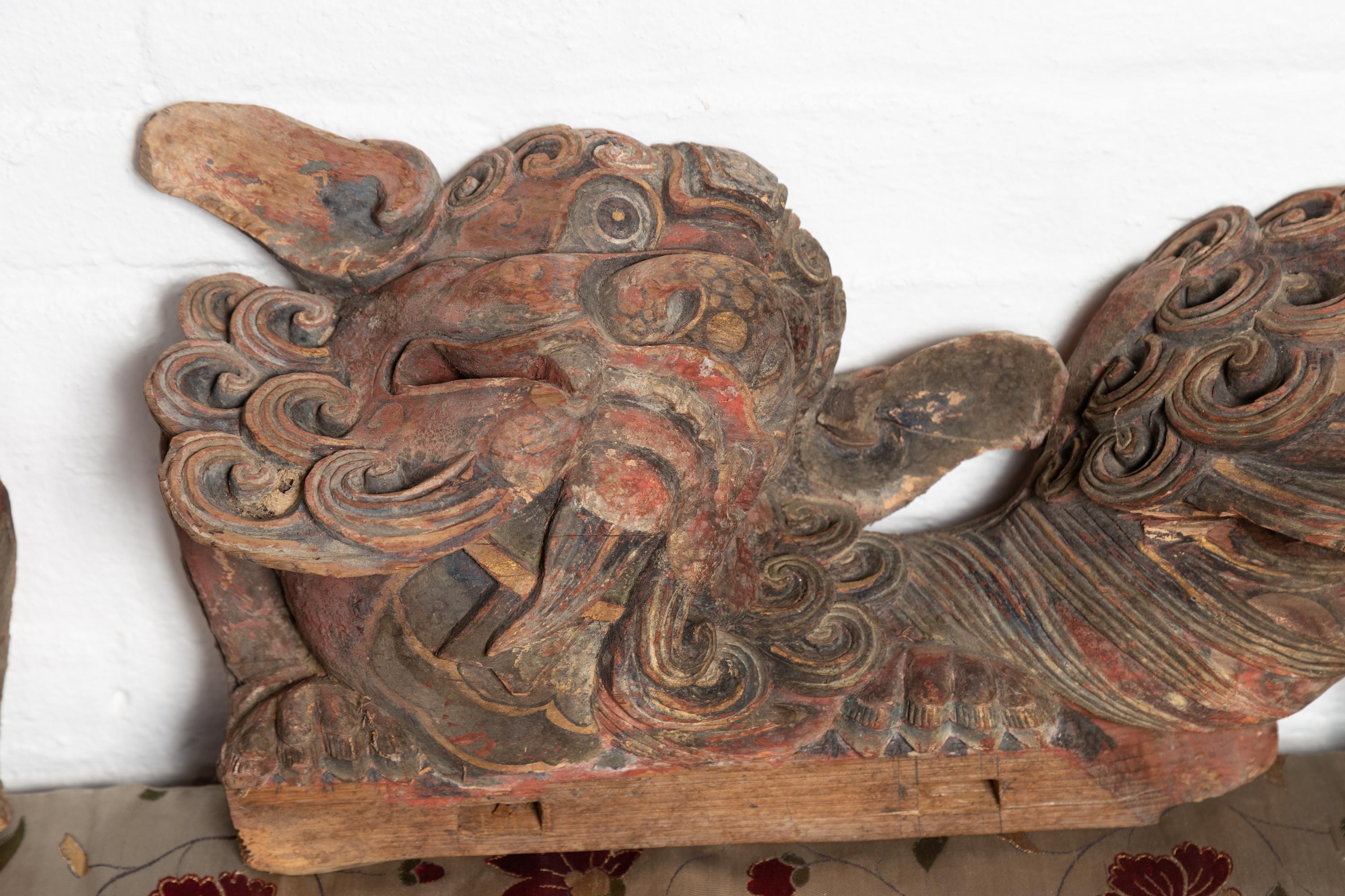 Pair of Chinese 19th Century Hand Carved and Painted Temple Guardian Lions For Sale 8