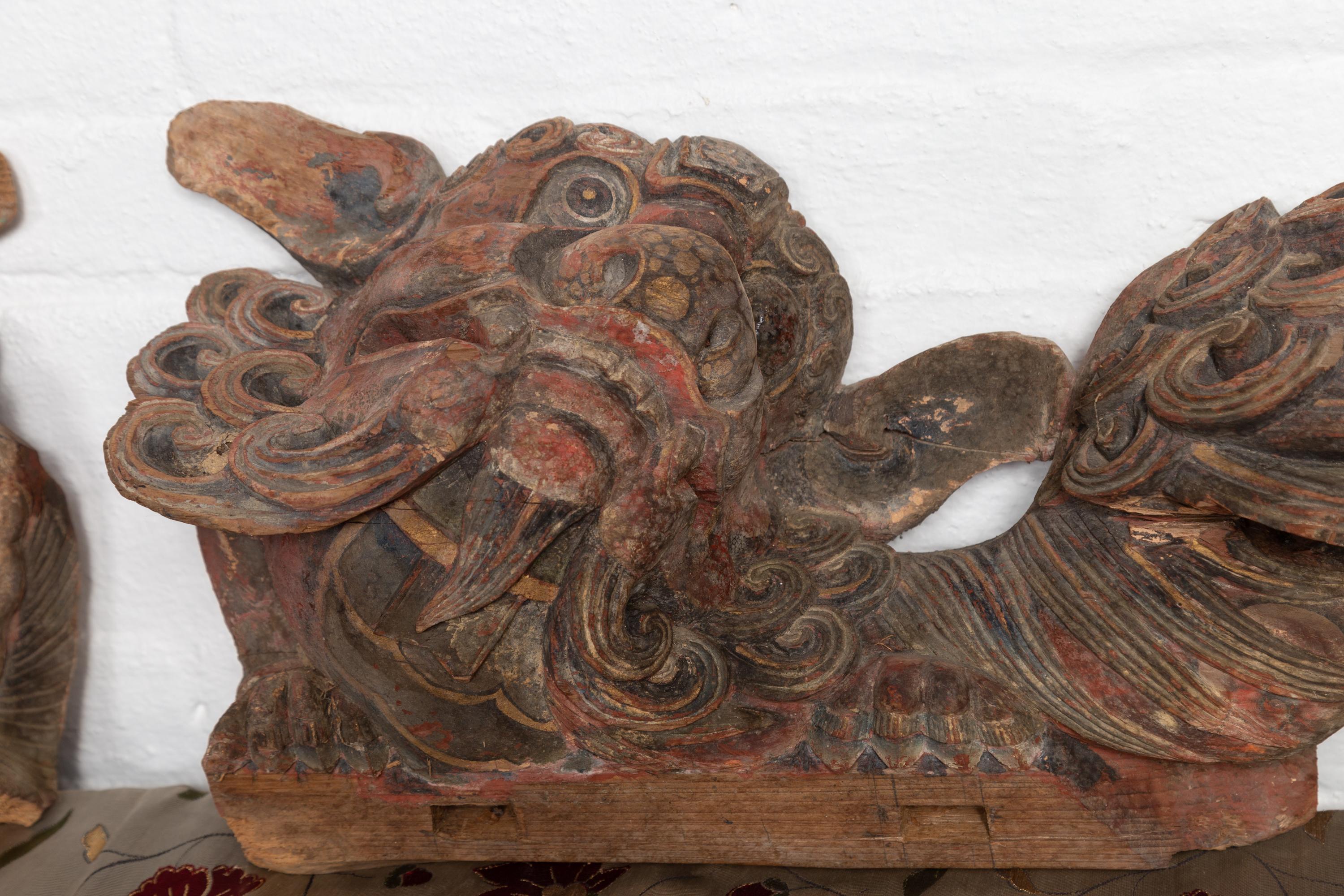 Pair of Chinese 19th Century Hand Carved and Painted Temple Guardian Lions For Sale 3