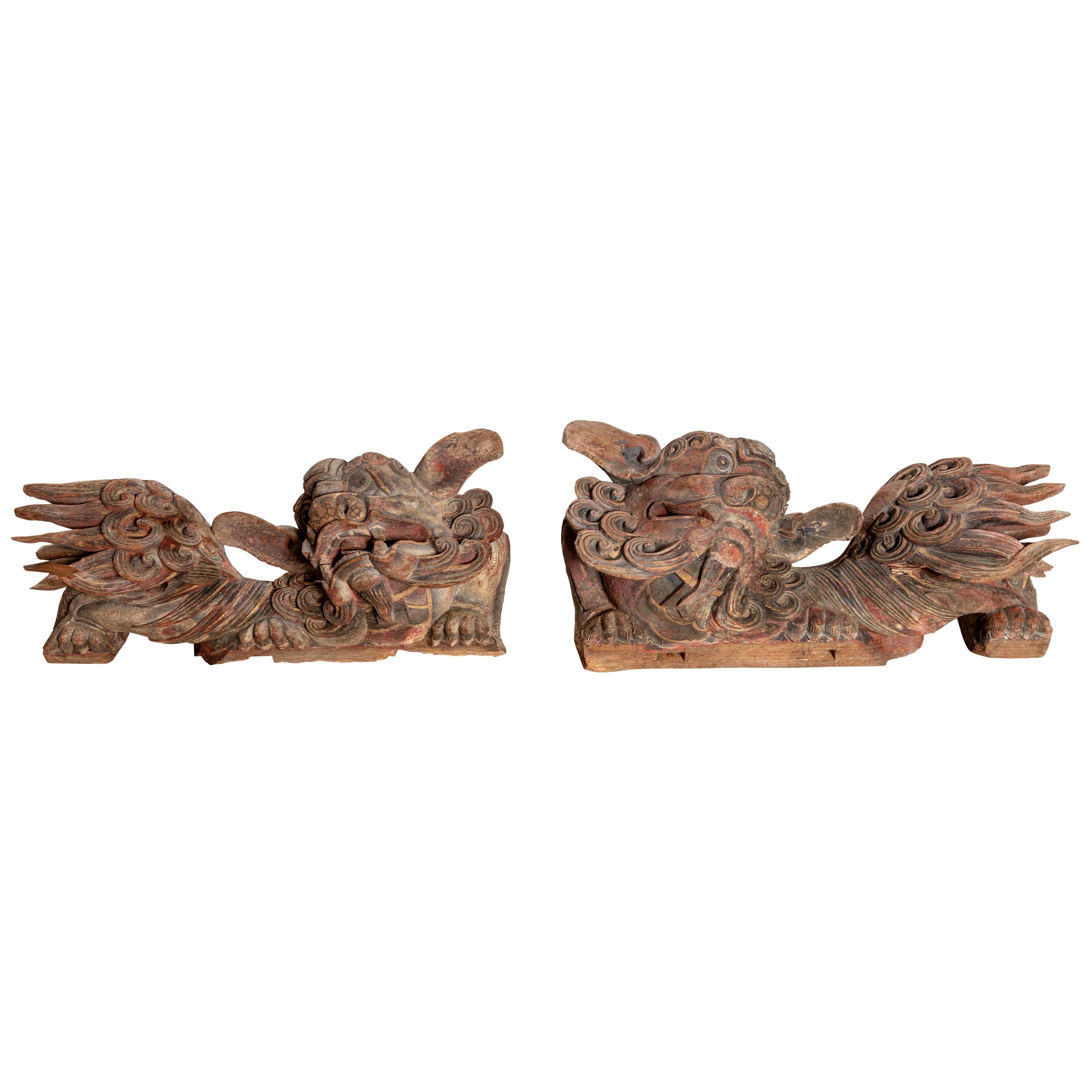 Pair of Chinese 19th Century Hand Carved and Painted Temple Guardian Lions