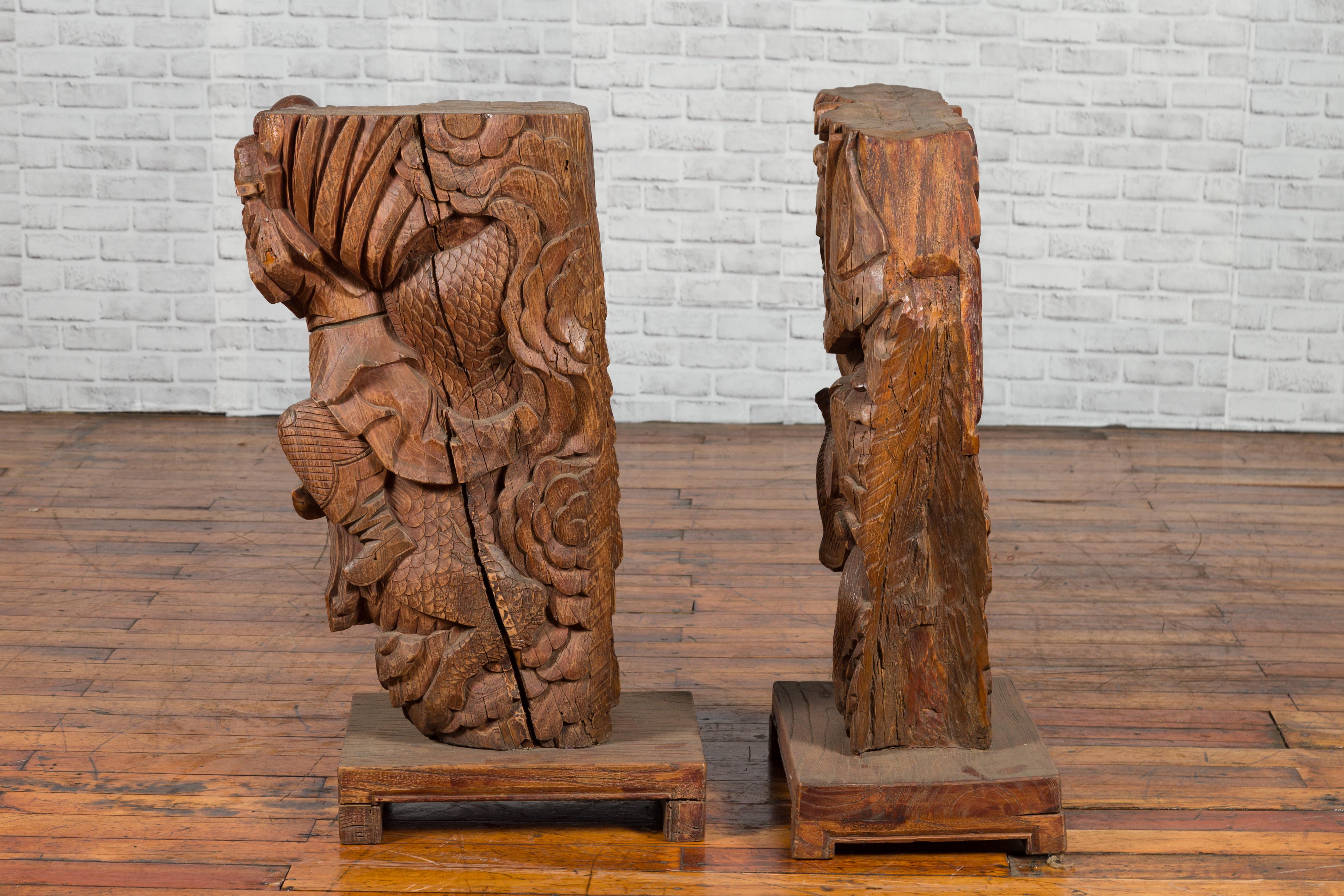 Pair of Chinese 19th Century Hand Carved Wooden Temple Corbels with Warriors For Sale 10