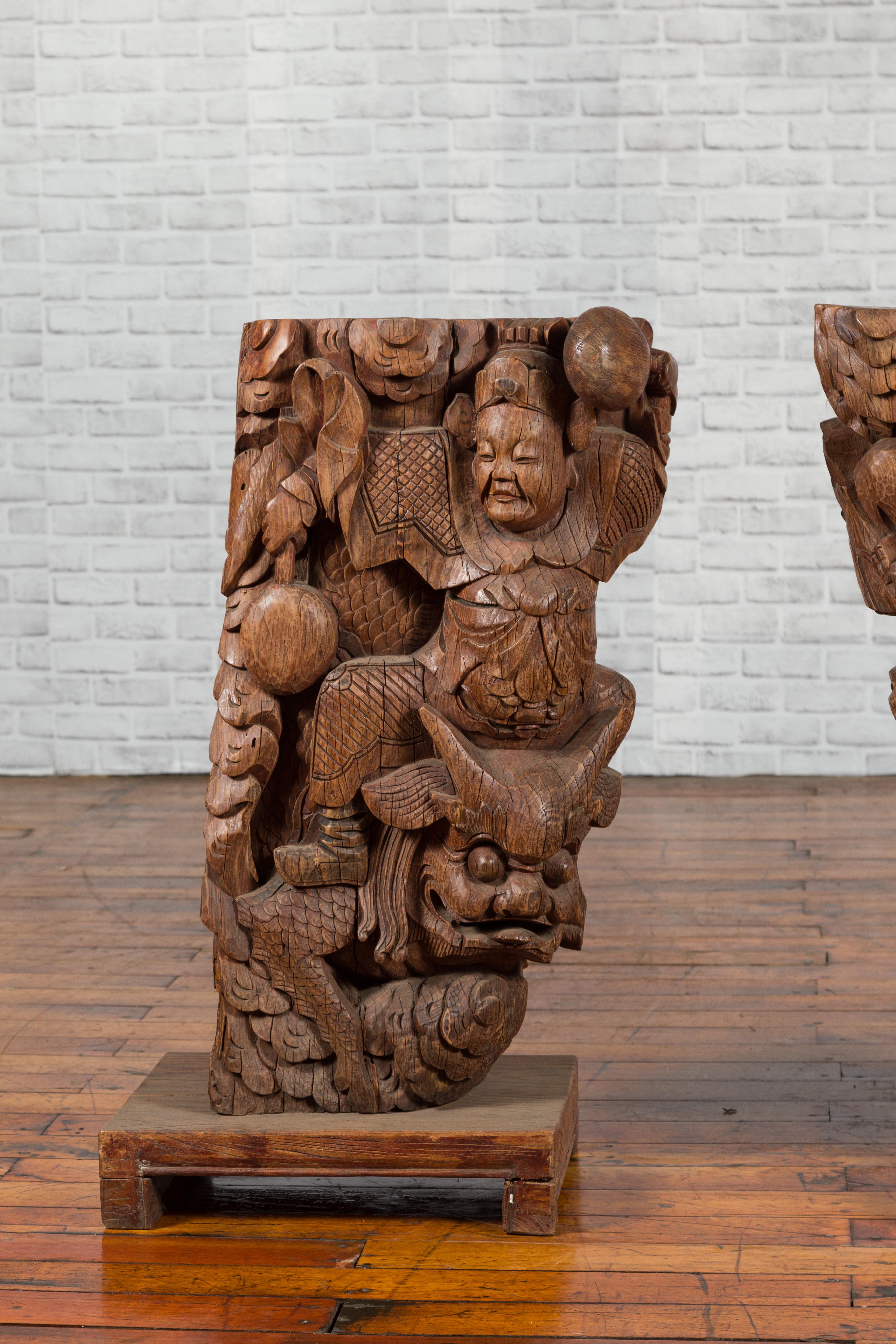 Qing Pair of Chinese 19th Century Hand Carved Wooden Temple Corbels with Warriors For Sale