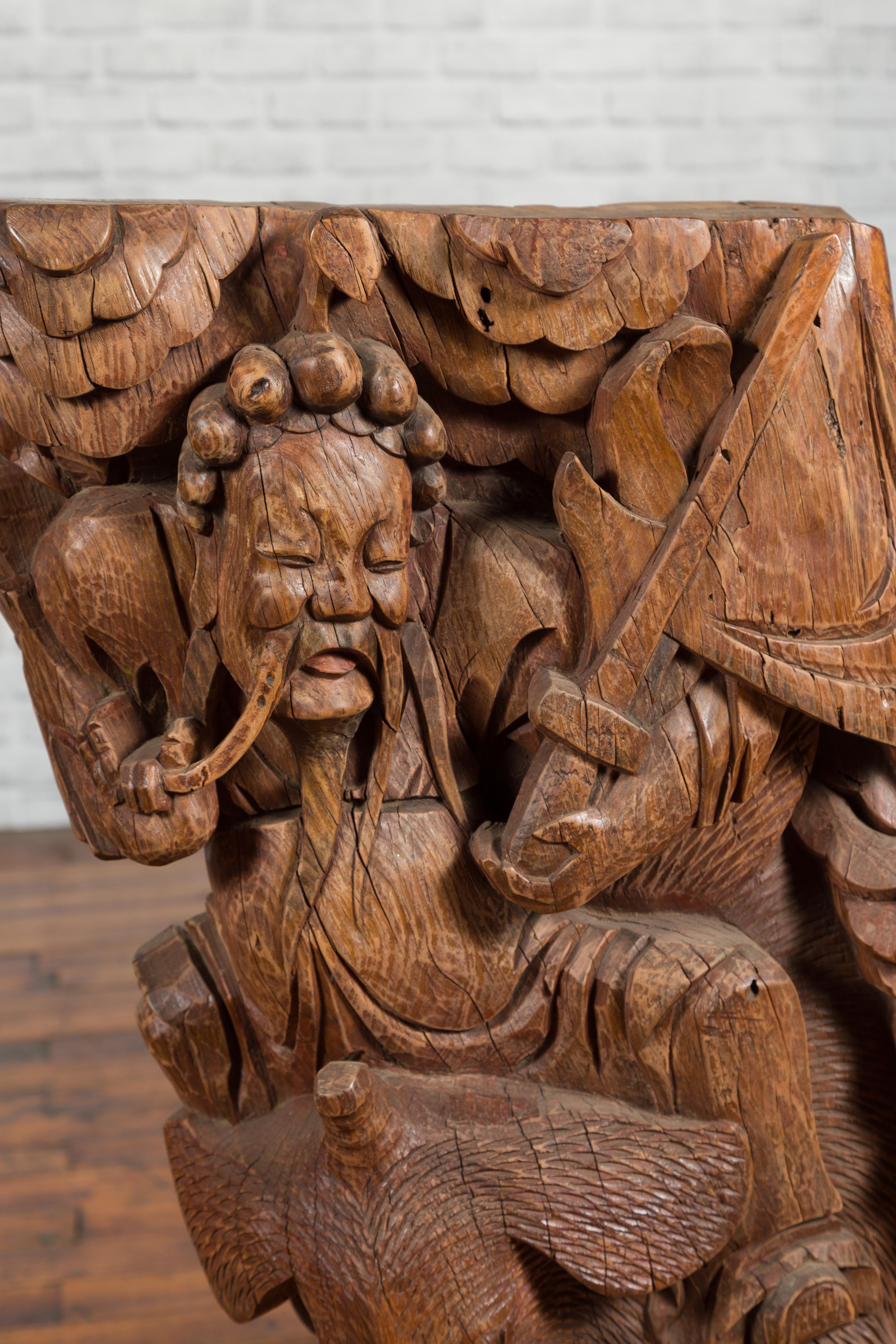 Pair of Chinese 19th Century Hand Carved Wooden Temple Corbels with Warriors For Sale 2