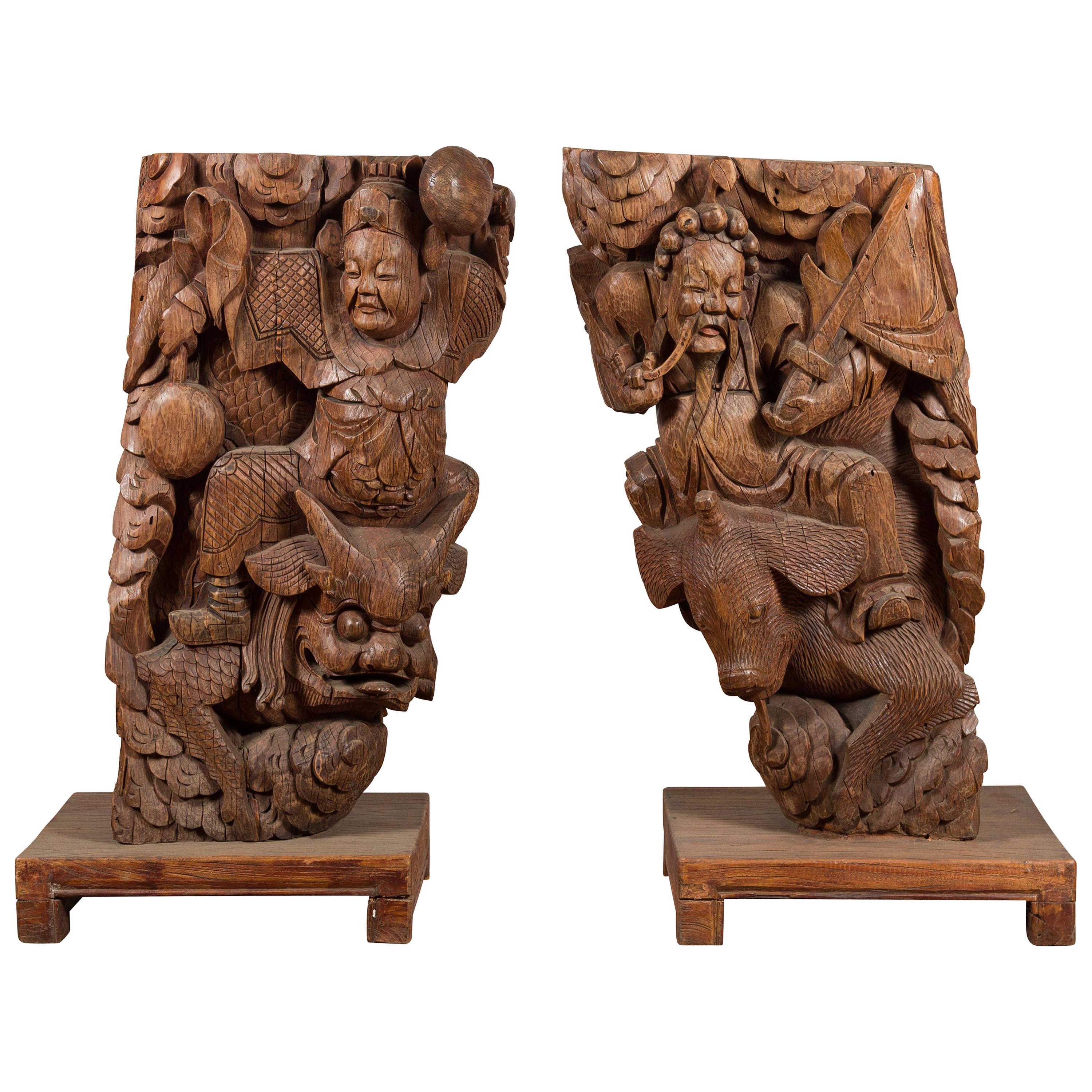 Pair of Chinese 19th Century Hand Carved Wooden Temple Corbels with Warriors