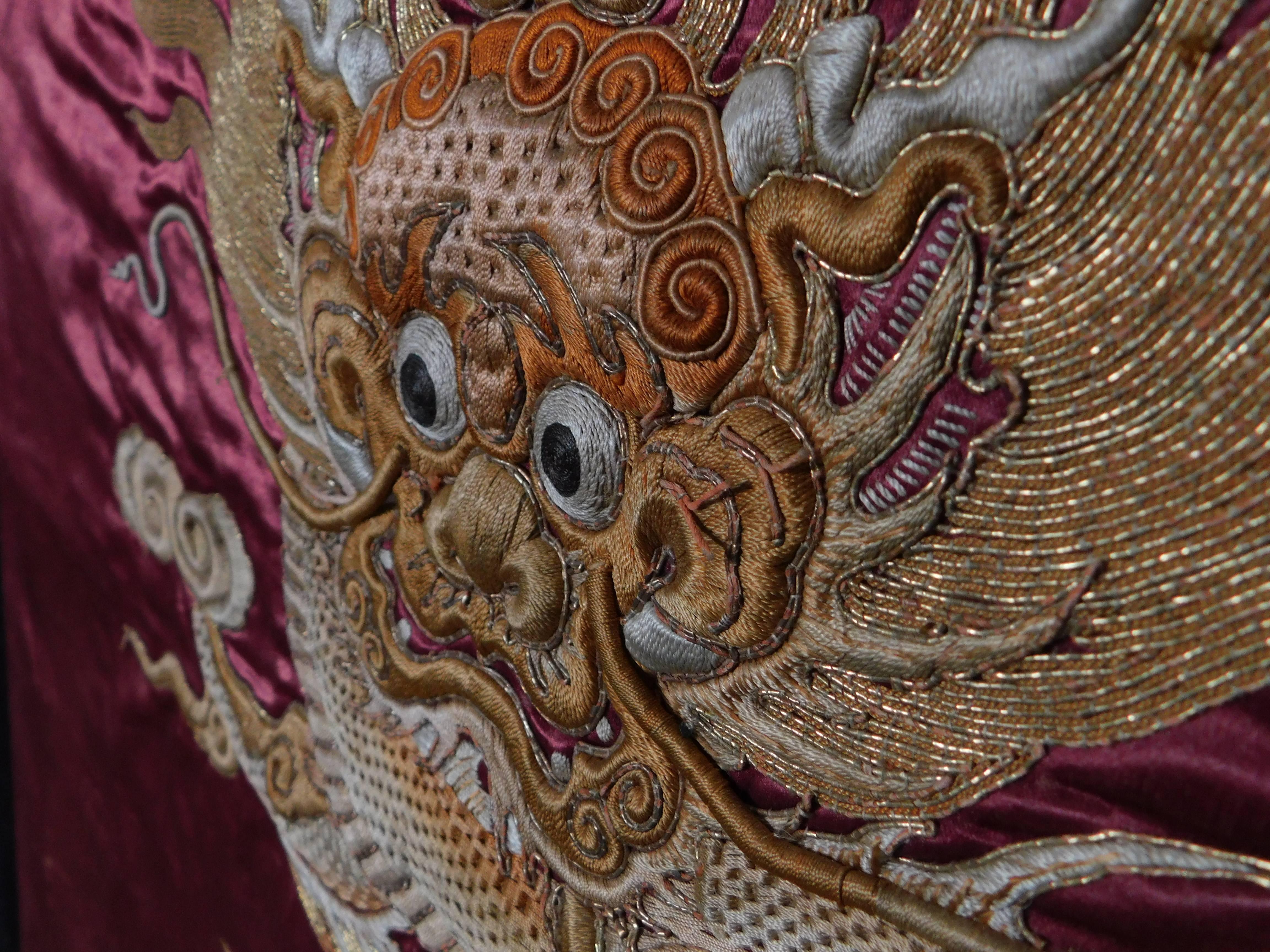 Pair of Chinese 19th Century Heavily Embroidered Dragon Silk Panels 1
