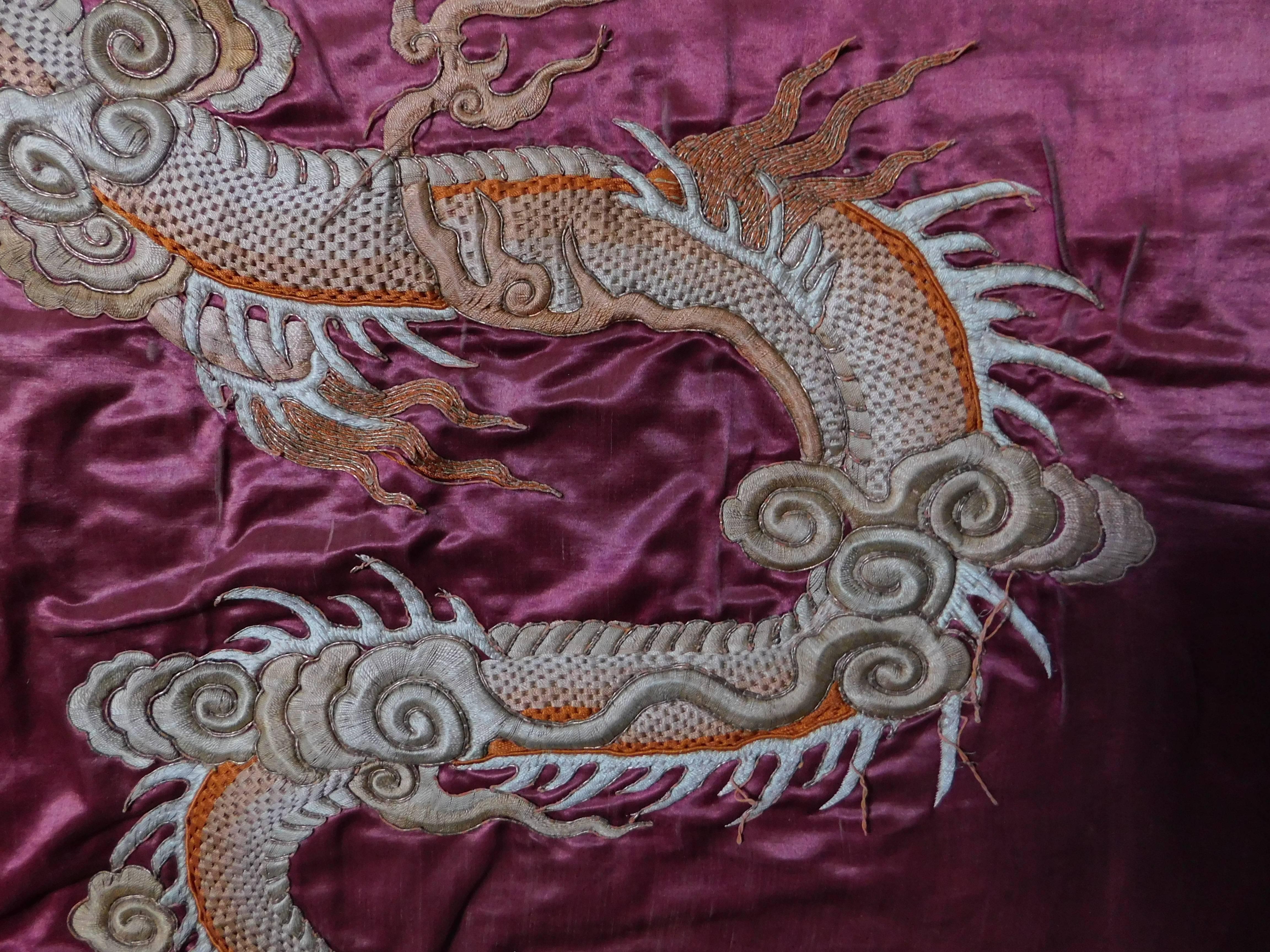 Pair of Chinese 19th Century Heavily Embroidered Dragon Silk Panels 2