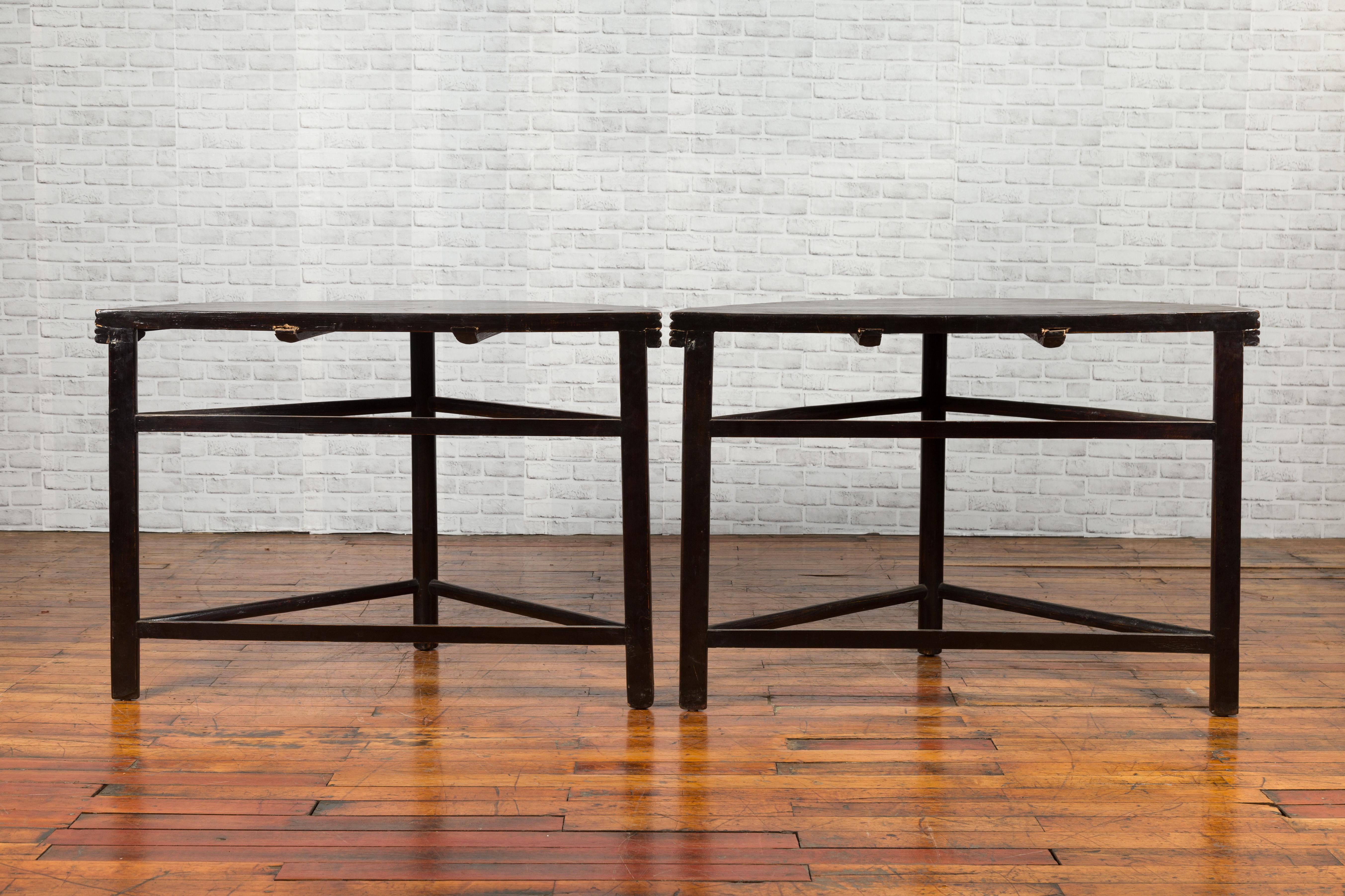 Pair of Chinese 19th Century Qing Dynasty Demilune Tables with Dark Patina 6
