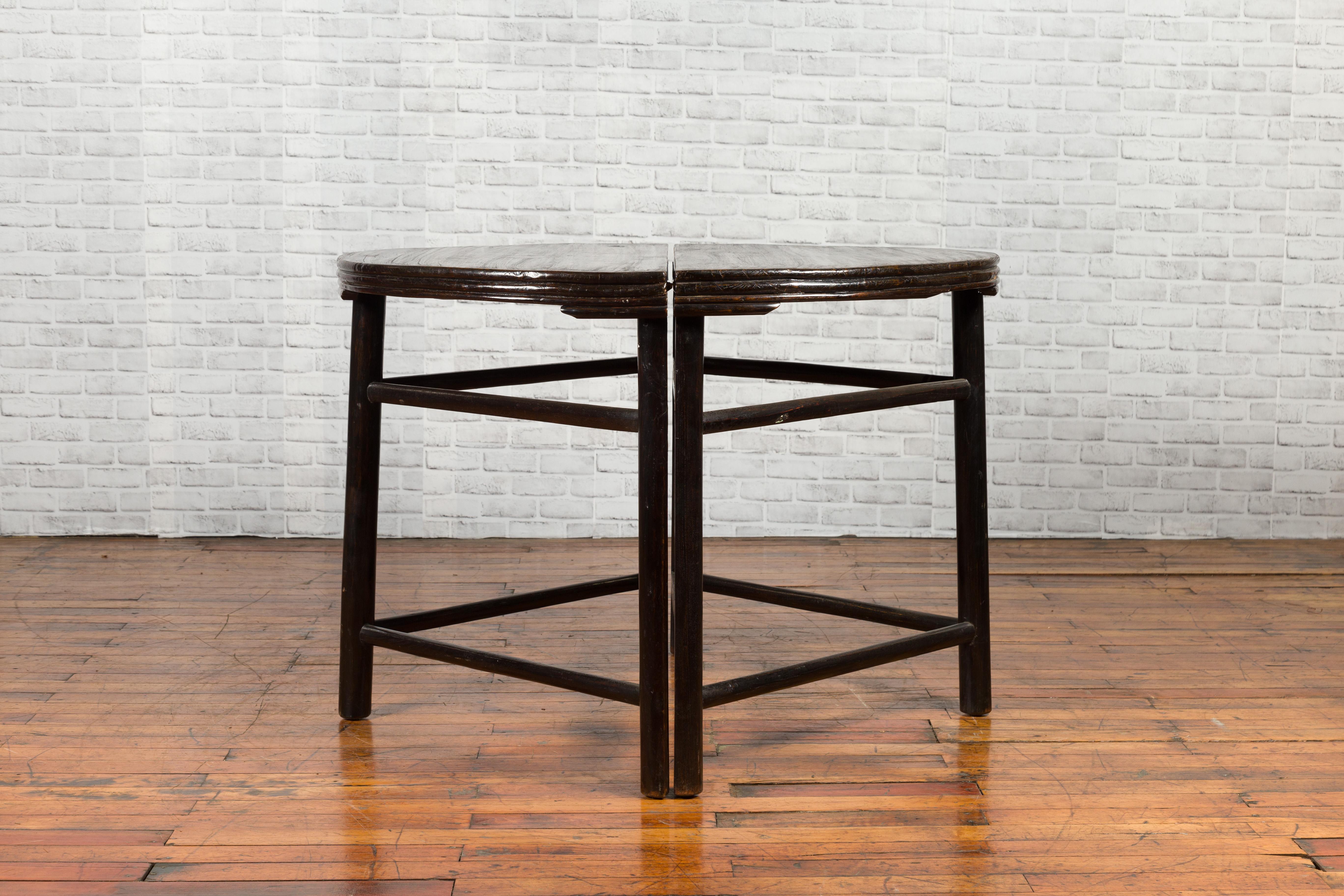 Pair of Chinese 19th Century Qing Dynasty Demilune Tables with Dark Patina 7