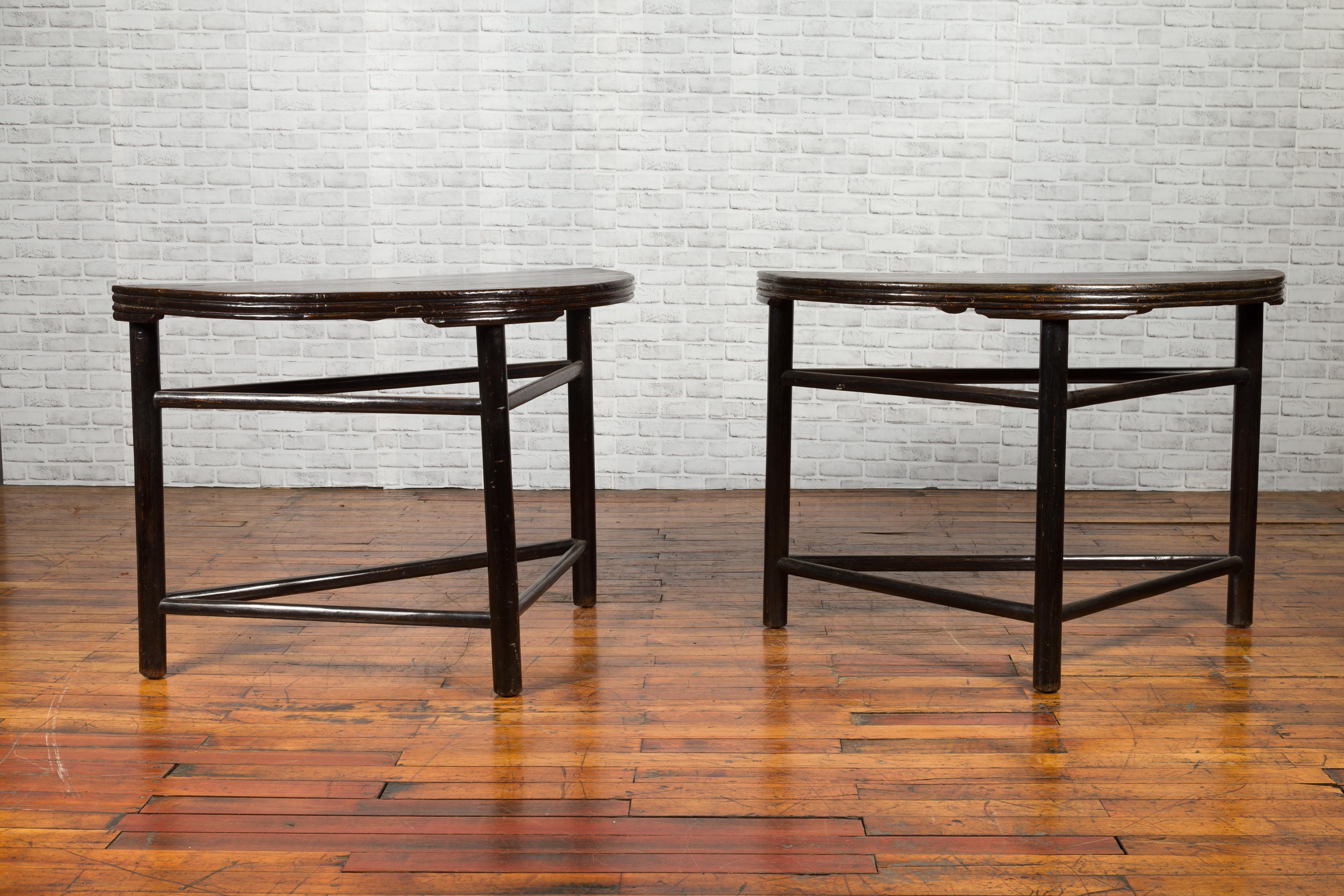 Pair of Chinese 19th Century Qing Dynasty Demilune Tables with Dark Patina 8