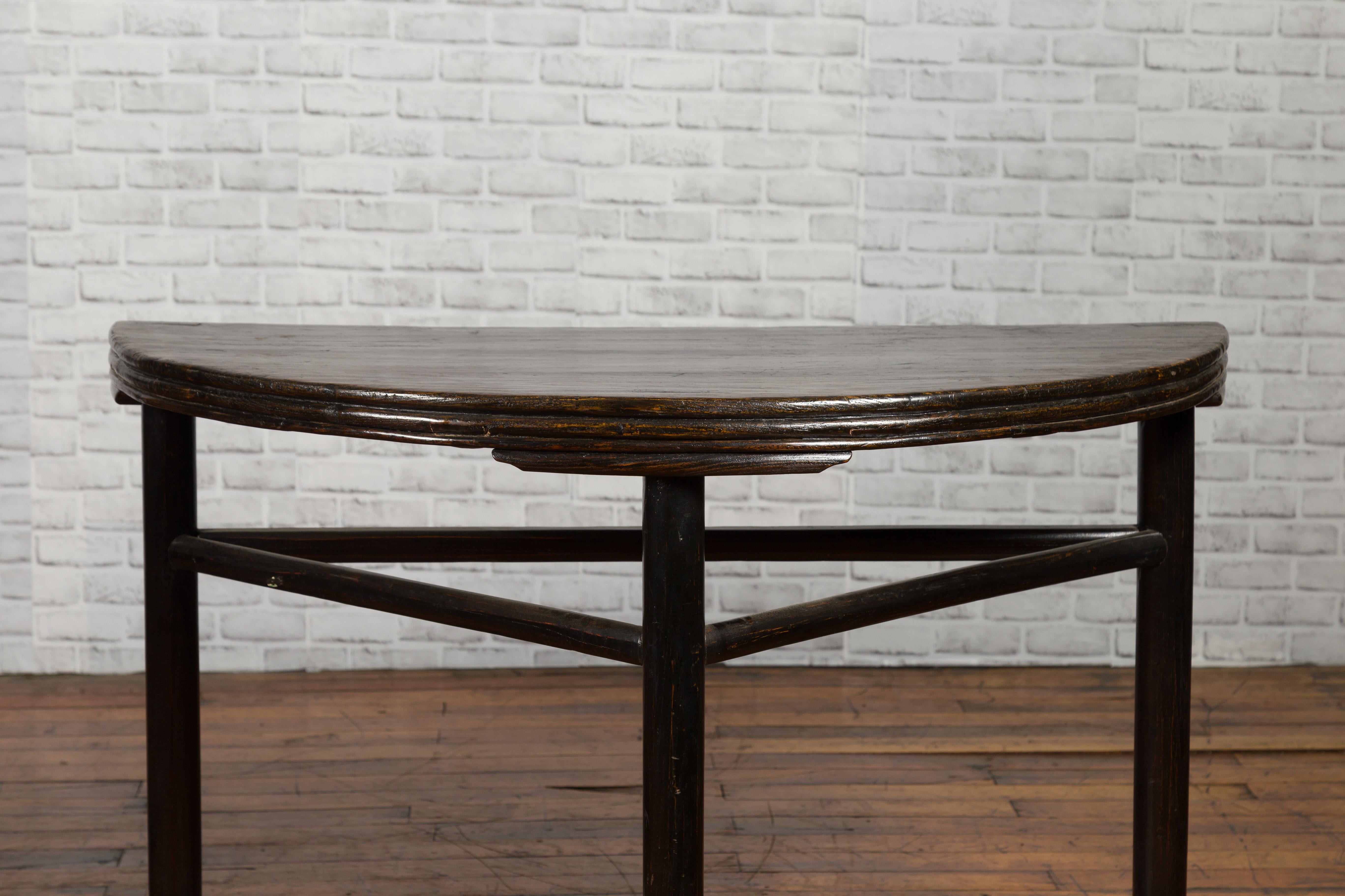 Pair of Chinese 19th Century Qing Dynasty Demilune Tables with Dark Patina 1