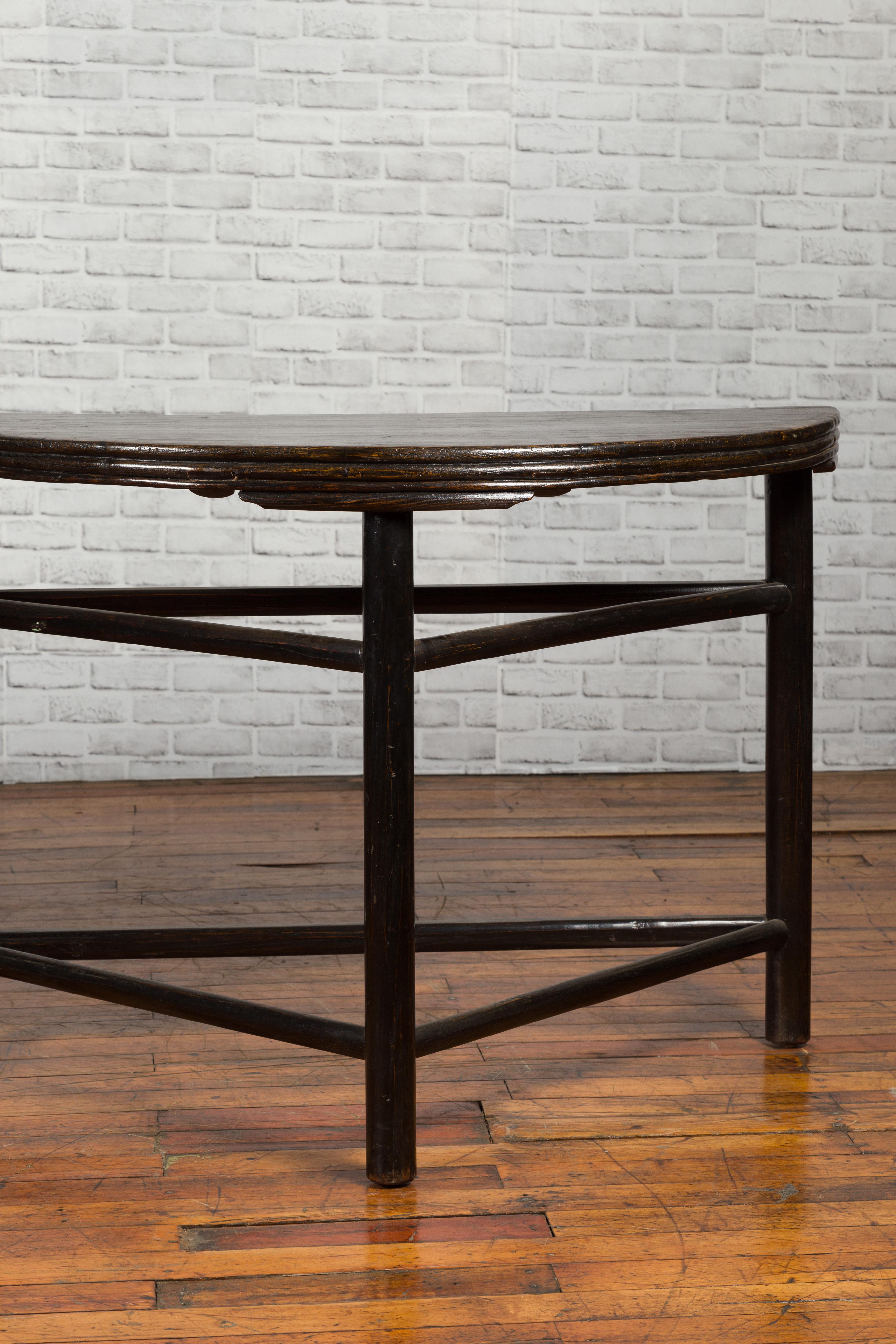 Pair of Chinese 19th Century Qing Dynasty Demilune Tables with Dark Patina 2