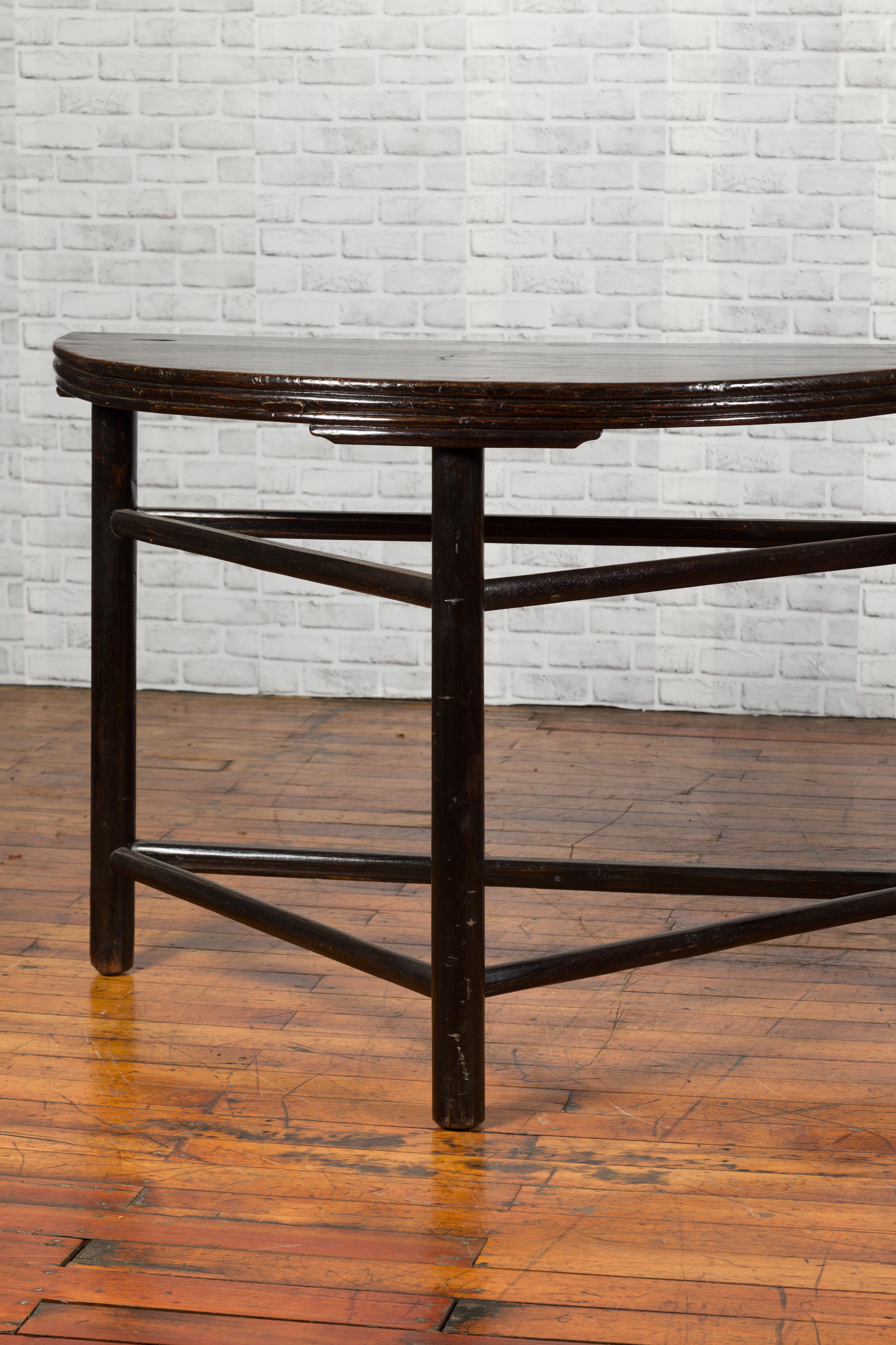 Pair of Chinese 19th Century Qing Dynasty Demilune Tables with Dark Patina 3